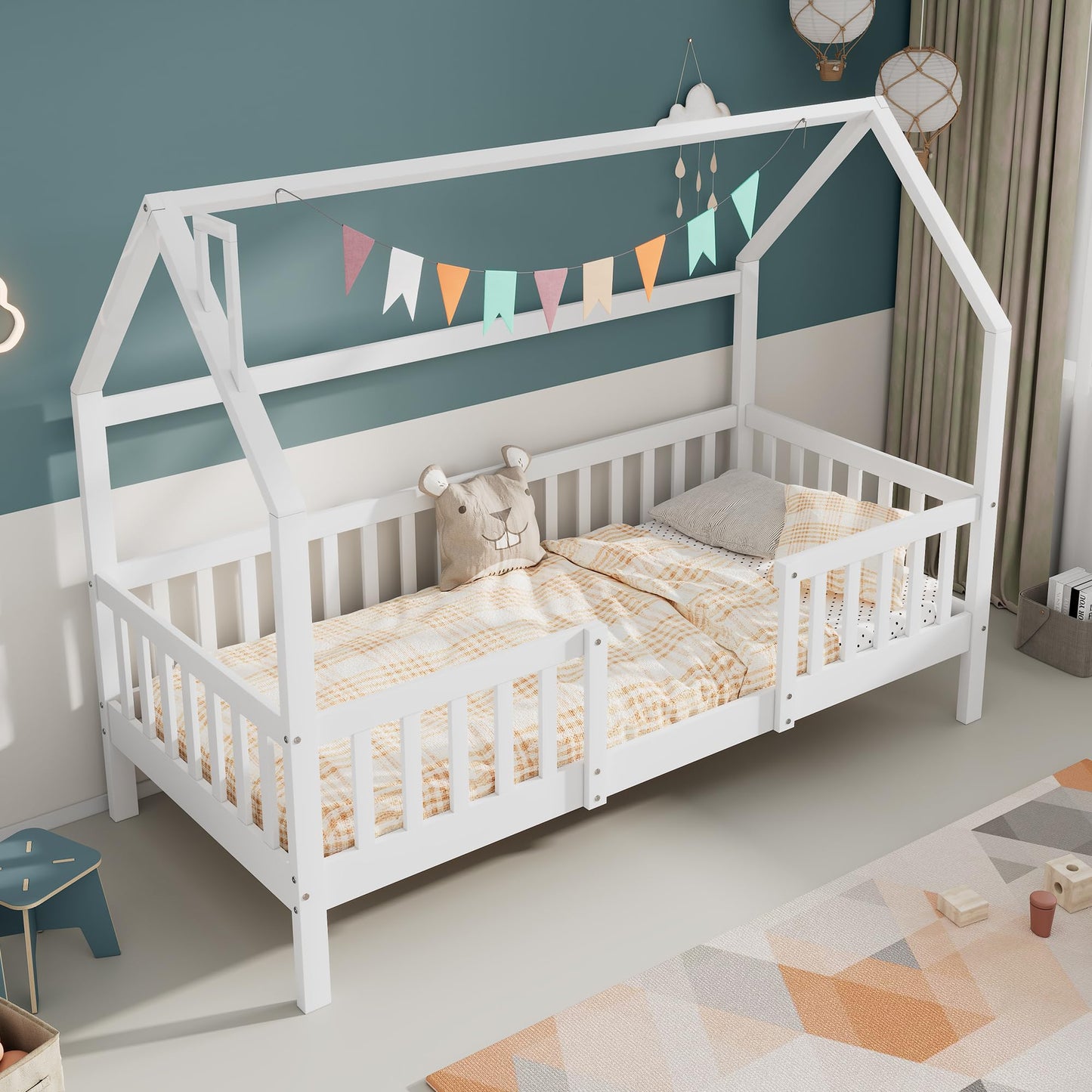Merax Kinderbett 90x200cm mit Rausfallschutz, Kinder Hausbett mit Schubladen und Ablageregal, Stabiles Holz Baumhausbett mit Lattenrost, Spielbett für Jungen & Mädchen, Weiß