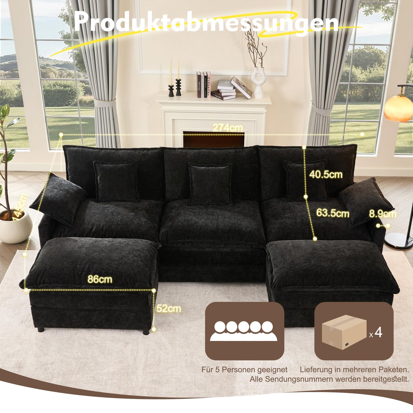 Litbird U-förmiges modulares Sofa 3-Sitzer Ecksofa mit Hocker, tiefes Sitzdesign, Cloud Couch für Wohnzimmer(Hellbraun)