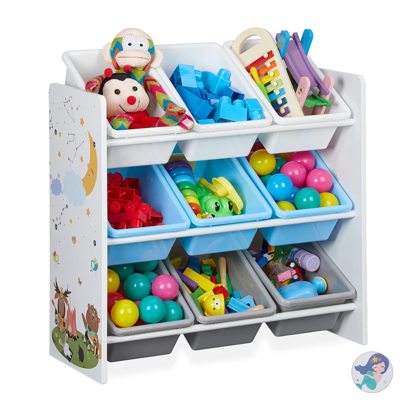 Relaxdays Kinderregal, 9 Aufbewahrungsboxen, Lagerfeuer Motiv, MDF, Kunststoff, Spielzeugregal HBT: 67x65x31,5 cm, bunt