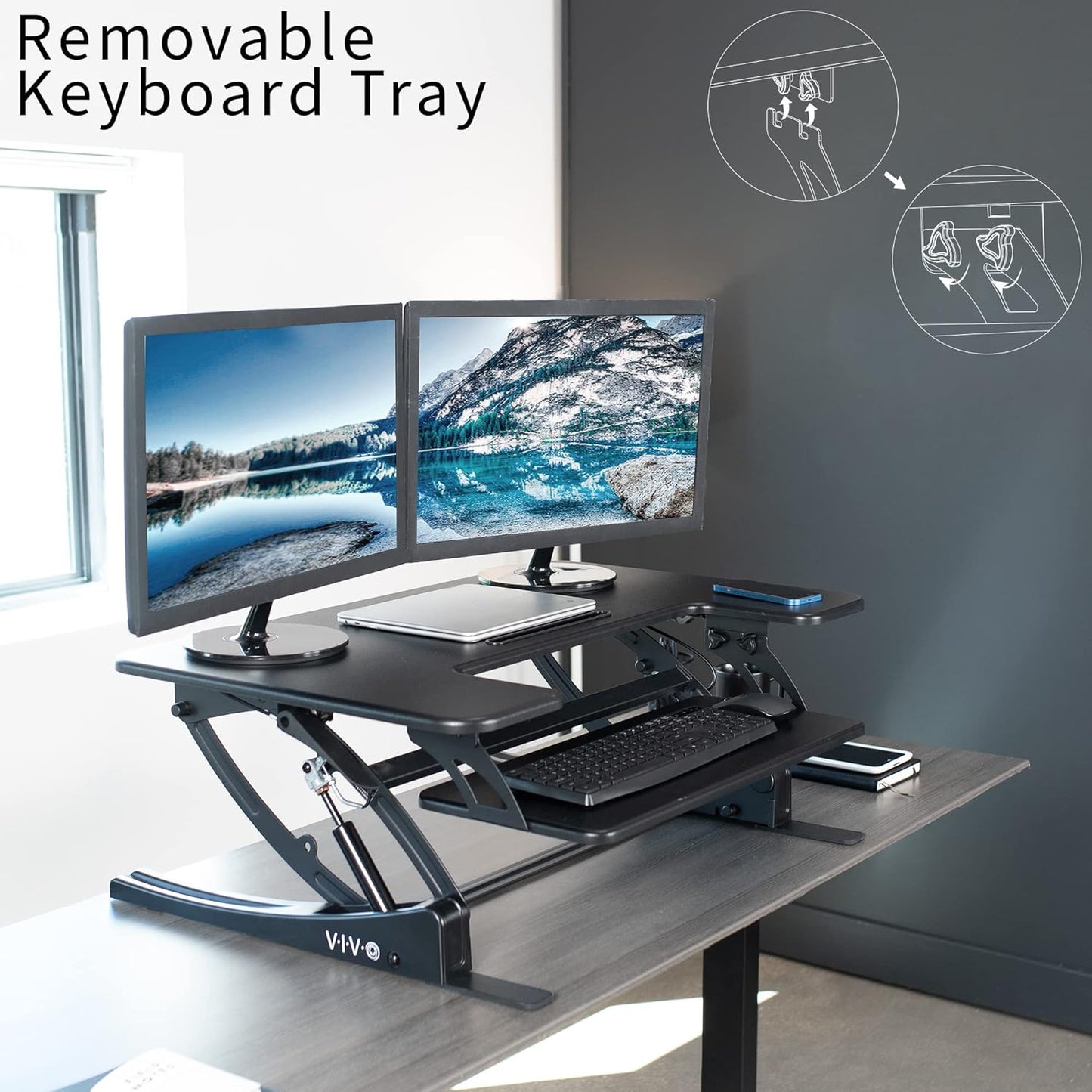 VIVO Black Height Adjustable 36 inch Stand up Desk Converter Quick Sit to Stand Tabletop Dual Monitor Riser, DESK-V000V