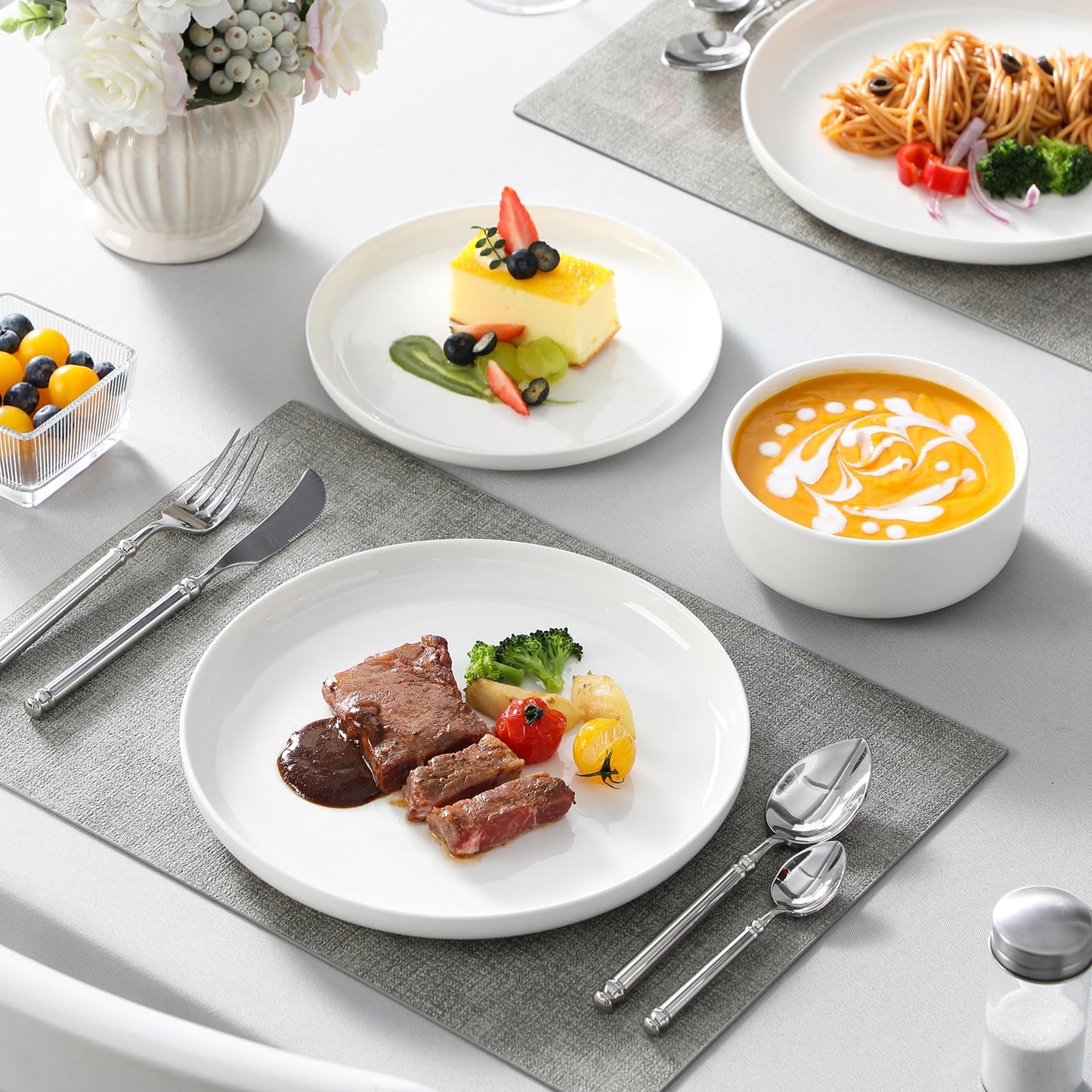 MALACASA Geschirrset 6 Personen, LUNA 24-tlg Tafelservice aus Weißem Porzellan, Modernes Geschirr Set mit je 6 Speiseteller, Dessertteller, Suppenteller und Müslischalen