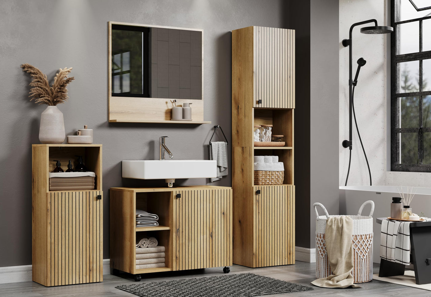 trendteam smart living - PureBliss - Hochschrank - Eiche - Badezimmerschrank in moderner Rillenoptik - edle Metallgriffe - (BxHxT) 40 x 186 x 31 cm - 2 praktische Einlegeböden - kratzfest