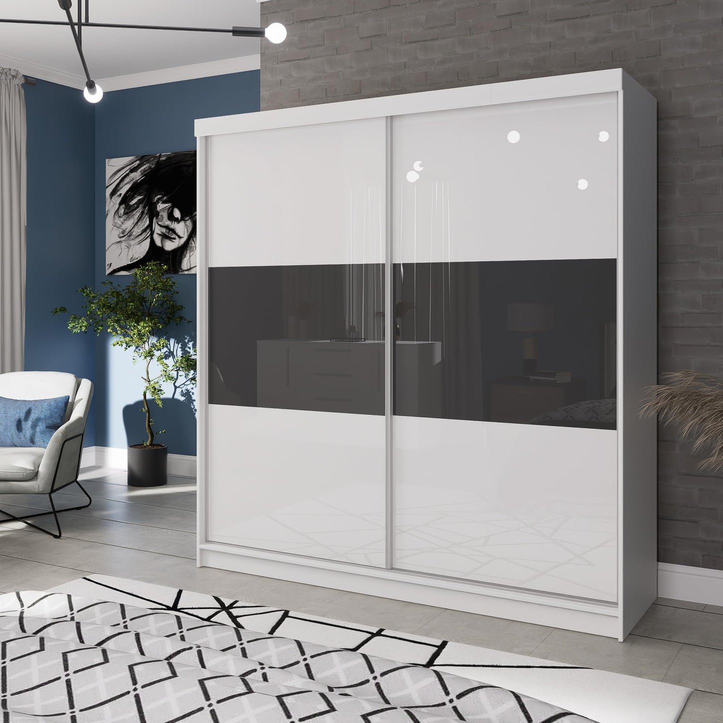 Marlux-Meble Two-Door Wardrobe 230 cm Wide with Floating and Sliding Doors Corner Wardrobe Bedroom Cabinet Hallway Cabinet System Cabinet High Gloss Cabinet