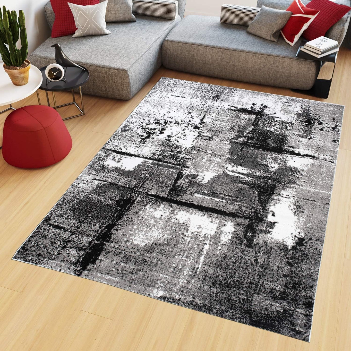 TAPISO Maya Short Pile Rug, Modern Blurred/Heathered/Striped Design, Black/Grey/Red/White, for Living Rooms, Bedrooms, OEKO-TEX, 200 x 300 cm