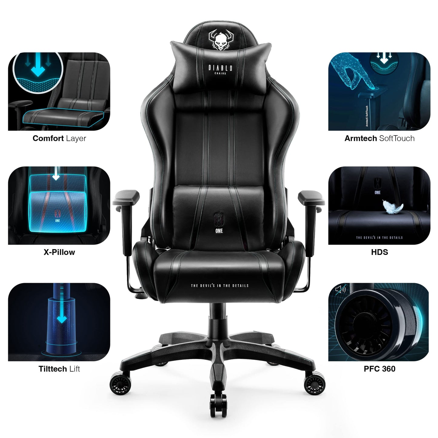 Diablo X-One 2.0 Gaming Stuhl Gamer Chair Bürostuhl Schreibtischstuhl Verstellbare Armlehnen Ergonomisches Design Nacken/-Lendenkissen Wippfunktion Aqua Blue Normal (L)