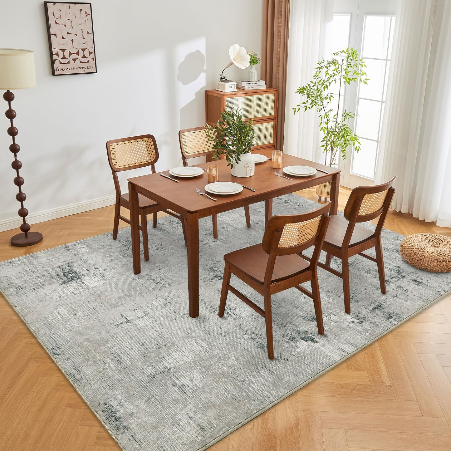 Guchuang Bedding Living Room Rug 140 x 200 cm, Grey Green Rug Vintage Mottled Smudged Design Short Pile Rugs, Washable Non-Slip Rugs for Bedroom