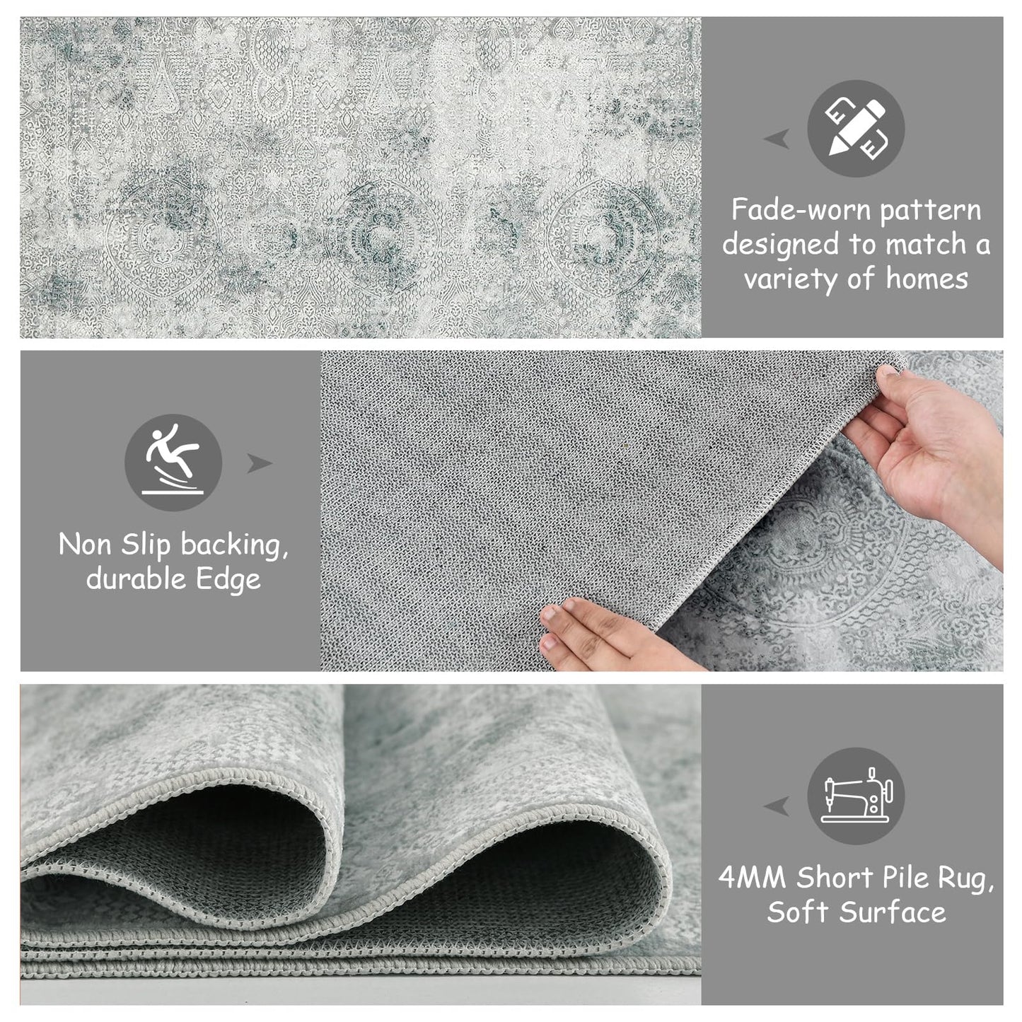 Guchuang Bedding Living Room Rug 140 x 200 cm, Grey Green Rug Vintage Mottled Smudged Design Short Pile Rugs, Washable Non-Slip Rugs for Bedroom