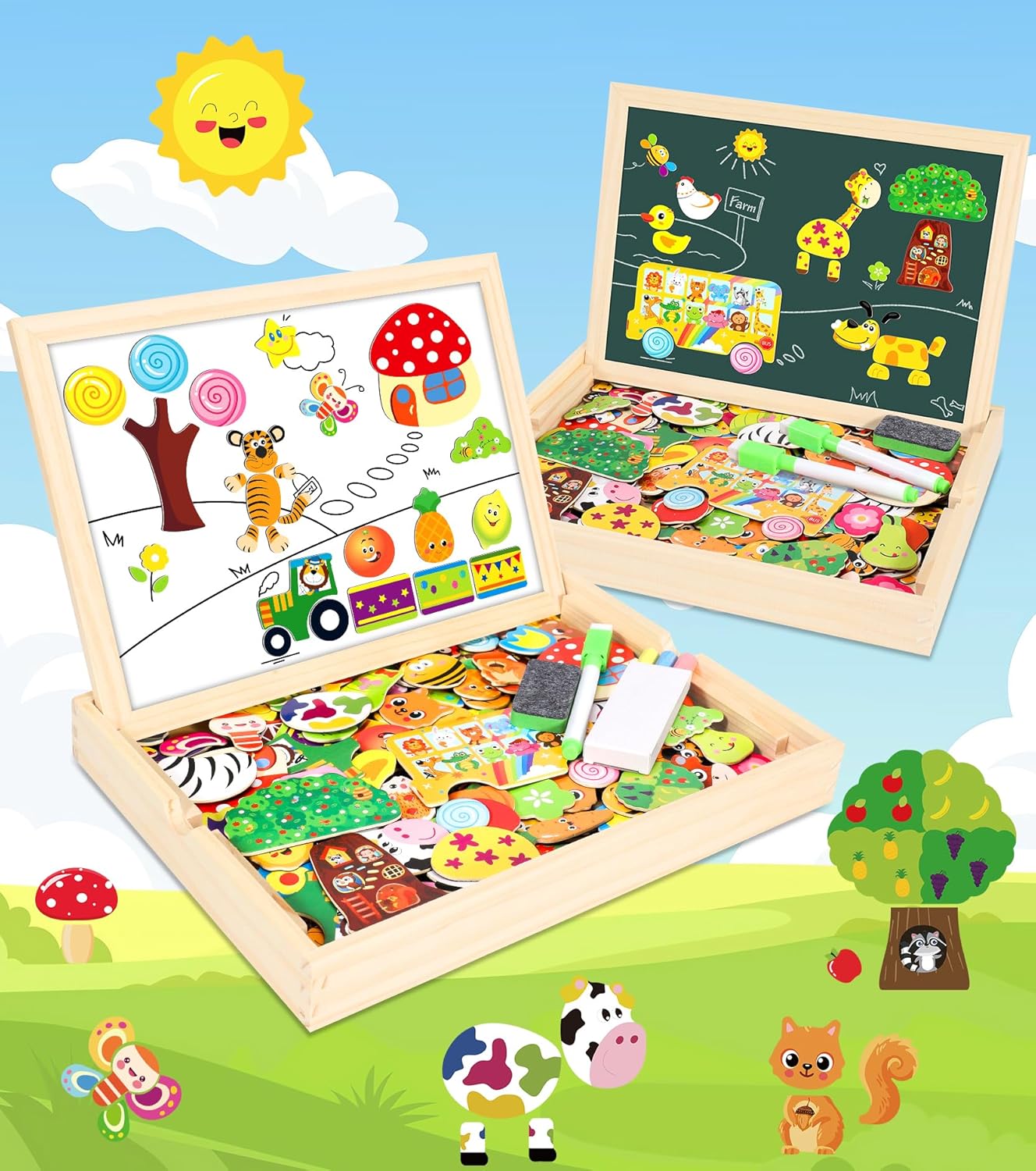 Jojoin 130 Stücke Magnetisches Holzpuzzle - 2025 Neu Montessori Holzpuzzle mit Doppelseitig Magnetisch | Wald | Bauernhof | Obst | Bus - Kreativ Spielzeug für Kinder