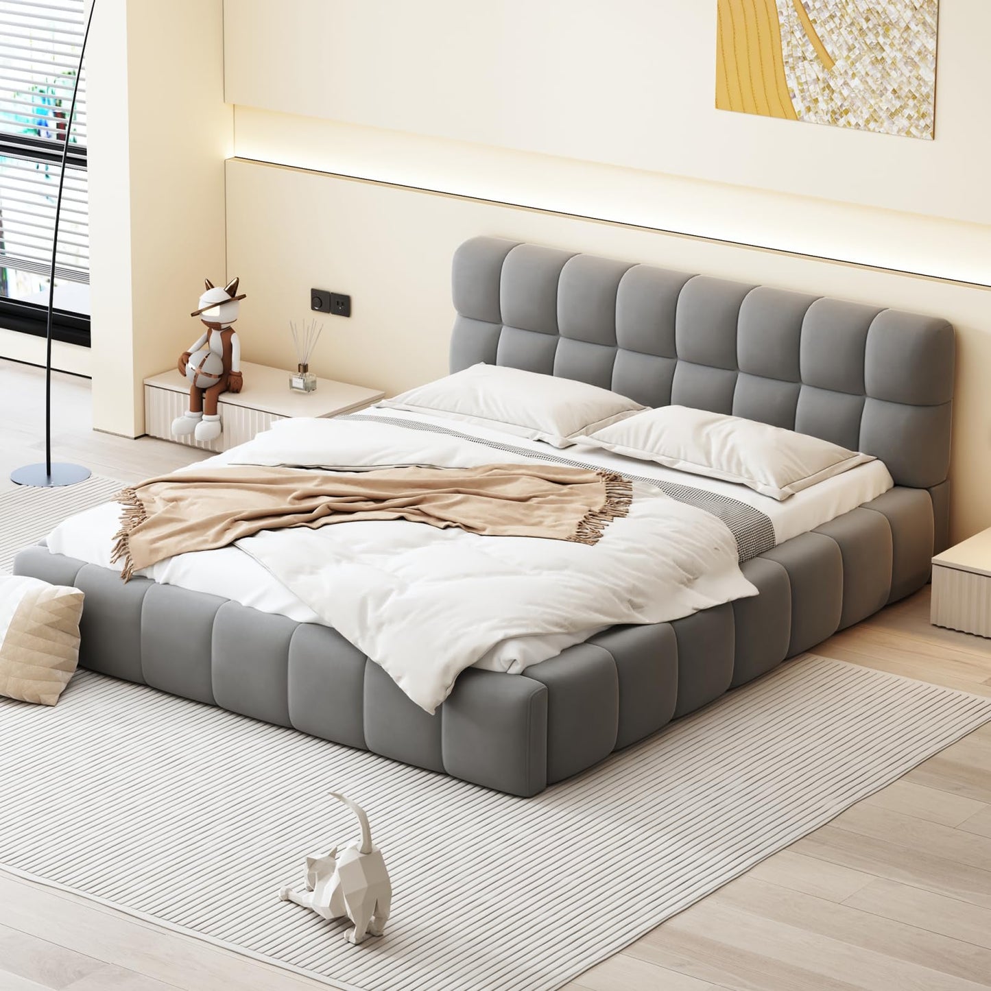DULRLLY Bubble Bett Polsterbett 140x200 cm,Doppelbett mit Lattenrost, Jugendbett mit Gepolstertes Kopfteil, Gepolstertes Bett für Schlafzimmer und Gästezimmer,ohne Matratze, Leinenstoff (Weiß)