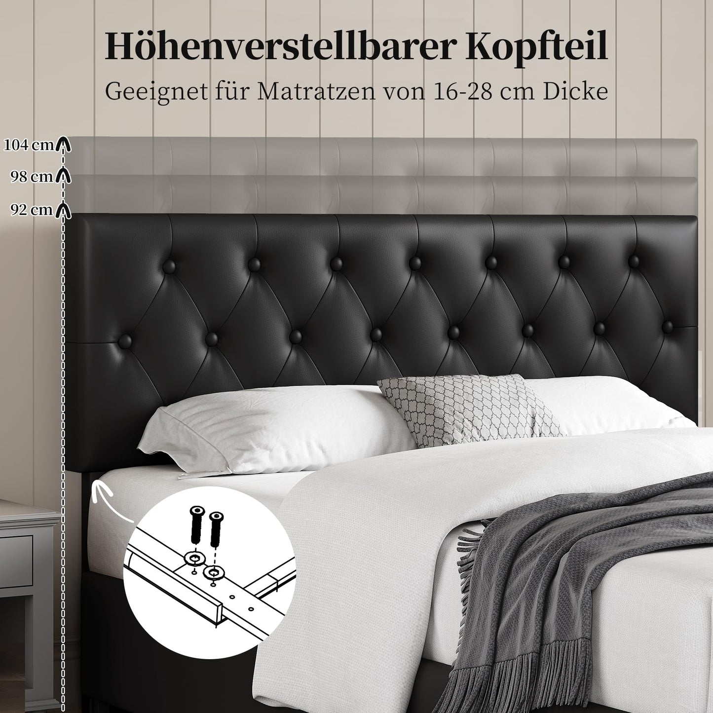 Yaheetech Polsterbett 140 x 200 cm Doppelbett Bettrahmen mit 2 Schubladen höhenverstellbares Kopfteil Gepolstertes Bett mit Lattenrost viel Stauraum, Schwarz