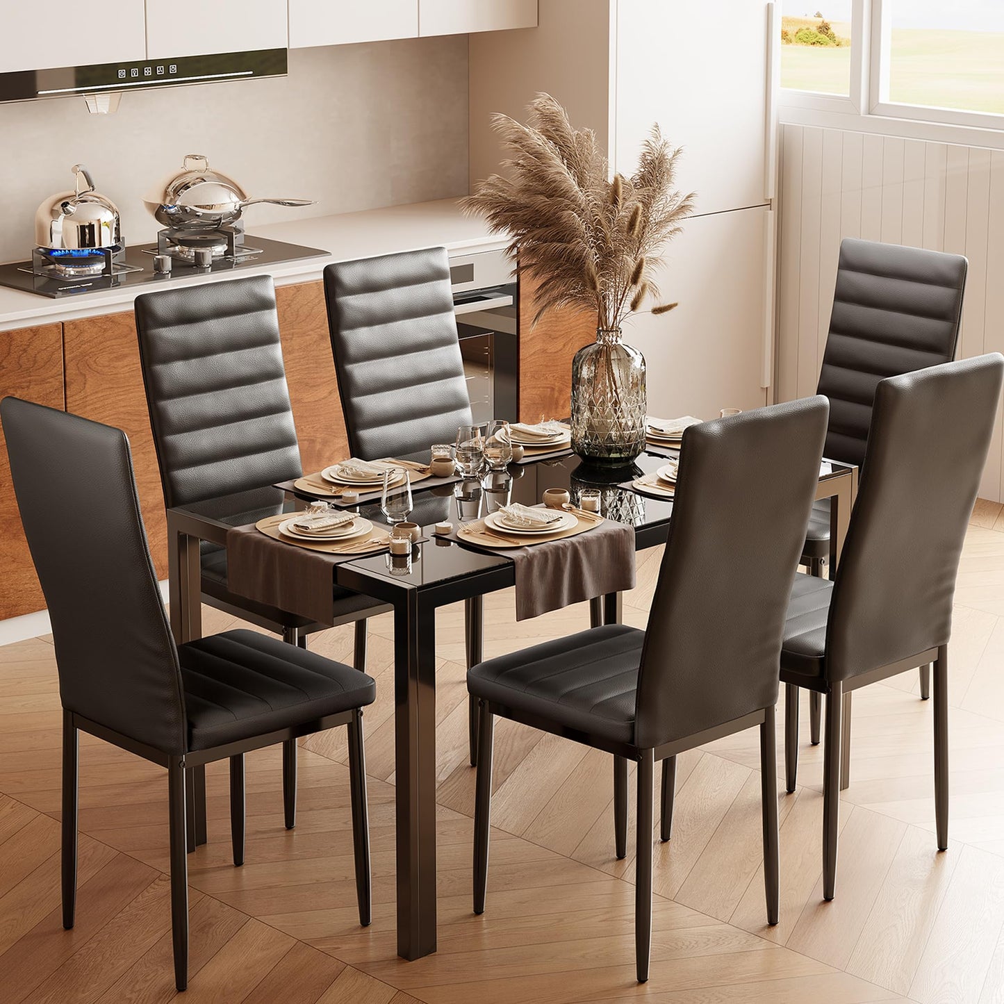 Bealife Dining Table with 4 Chairs Set, Dining Table and Chairs for 4 People, Dining Room 6 Chairs and Table, Set with Dining Table and Chairs for Kitchen, Dining Room and Living Room (Black, 4