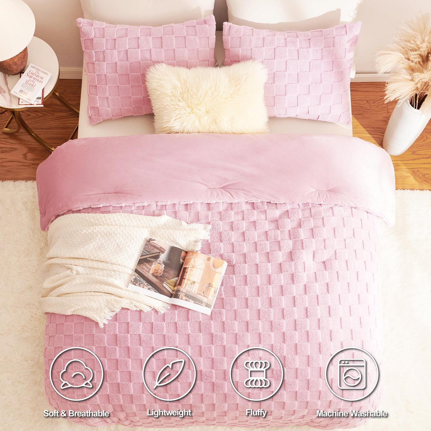 CozyLux Queen Size Comforter Set Blush Pink, Fluffy Plush Fleece Comforter with Checkered Pattern, Farmhouse Boho Soft Warm Bed Set, 3 Pieces, 1 Comforter and 2 Pillowcases