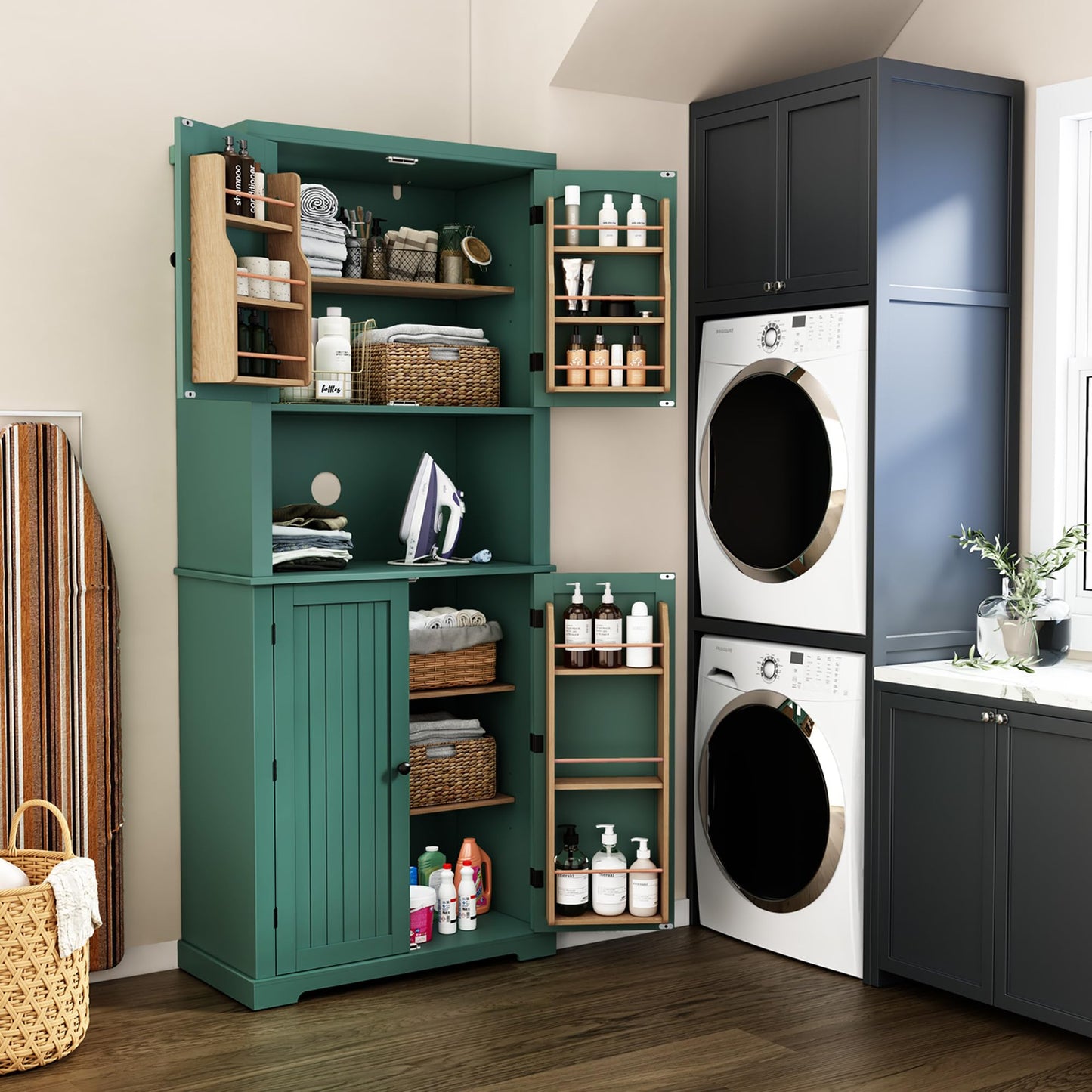 HOLTICO Küchenschrank mit Arbeitsplatte, Hochschrank Küchenbuffet Buffetschrank, Esszimmerschrank, Speisekammer mit Türen und Regalen für Esszimmer, Wohnzimmer, Waschküche,Schwarz