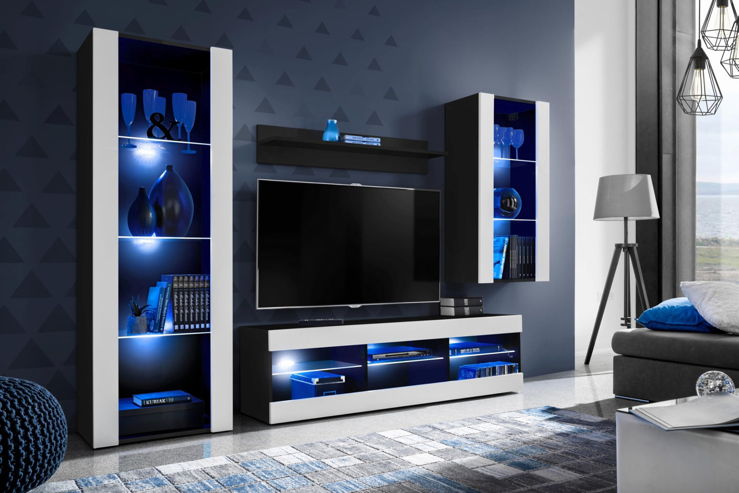 Komodee Tivoli Medio Wall Unit Living Room Set, Black/Black, Width 245 cm x Height 159 cm x Depth 35 cm, LED Blue, for Living Room, Bedroom