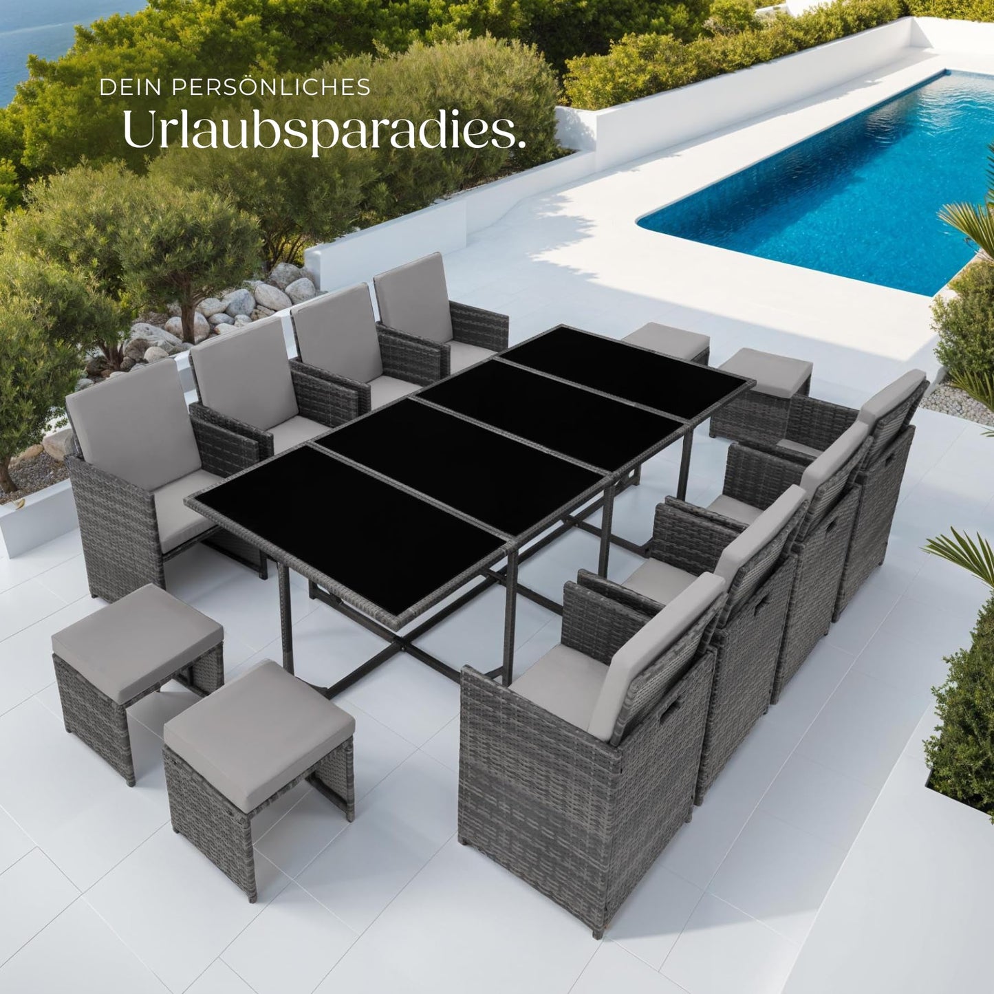 tectake Gartenlounge Set, Polyrattan Gartenmöbel Set, 8+4+1 Sitzgruppe, 8 Stühle 4 Hocker 1 Tisch, Balkon Möbel als Würfel verstaubar, für Garten, Balkon, Terrasse - grau/hellgrau