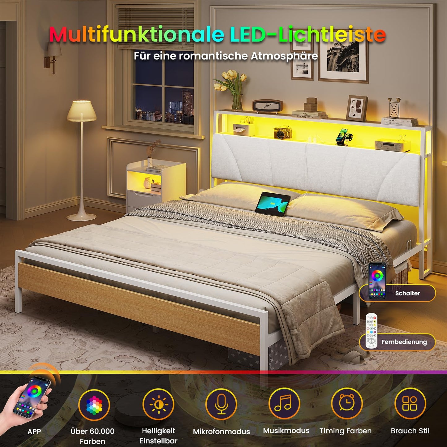 Brinlawb Bed 140 x 200 cm with Metal Slatted Frame, Bed Frame 140 x 200 cm with LED Lighting, Metal Bed 140 x 200 cm with Headboard and Charging Station (2 AC Sockets, 2 USB Ports), Youth Bed, Double
