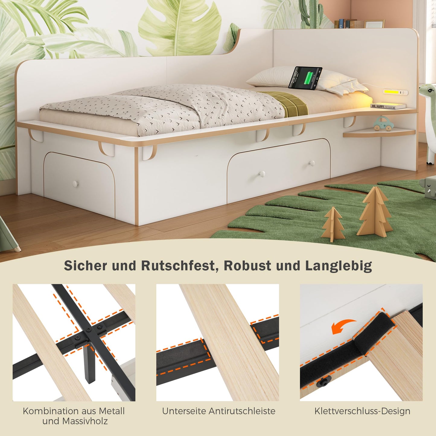 RIAZOS Kinderbett Holzbett 90x200 cm, Massiveholz Einzelbett mit Schreibtisch und Schubladen, Stauraumbett mit Lattenrost, für Jungen & Mädchen, ohne Matratze, Weiß