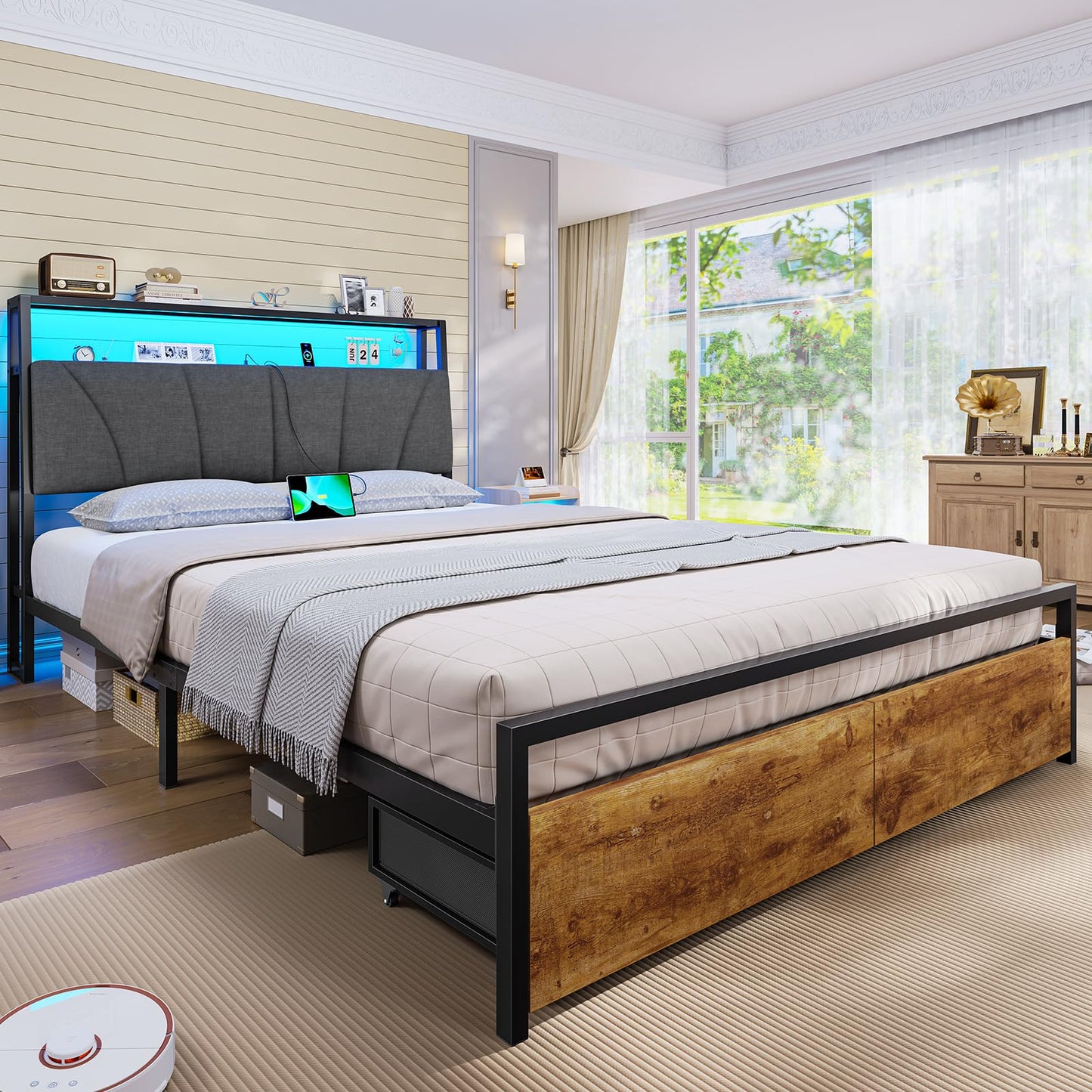 Brinlawb Bed 140 x 200 cm with Metal Slatted Frame, Bed Frame 140 x 200 cm with LED Lighting and Charging Station (2 AC Sockets & 2 USB Ports), Double Bed with 2 Large Drawers, Grey