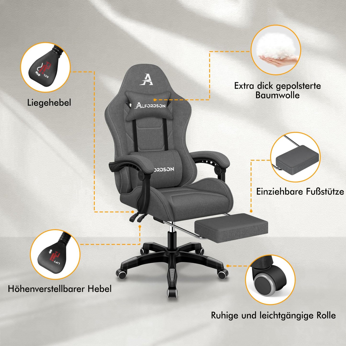 ALFORDSON Gaming-Stuhl mit Massage-Lendenwirbelkissen, ergonomischer Gamer-Racer-Stuhl mit Verstellbarer Rückenlehne, Drehstuhl mit Fußstütze, höhenverstellbar, Schwarz
