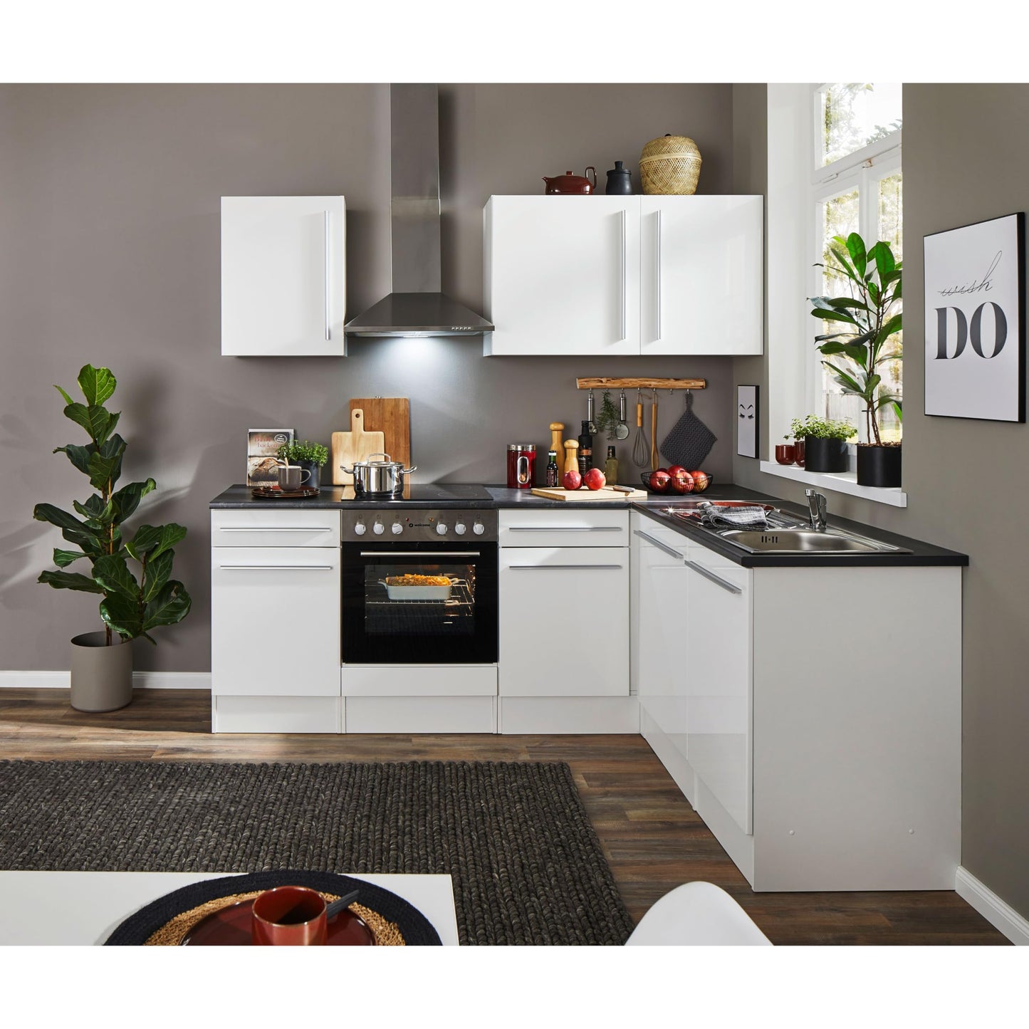 Jazz 8 Modern Corner Kitchen without Electrical Appliances in White High Gloss, Metallic Grey - Spacious Kitchen Unit in L-Shaped with Lots of Storage Space - 220 x 211 x 60 cm (W x H x D)