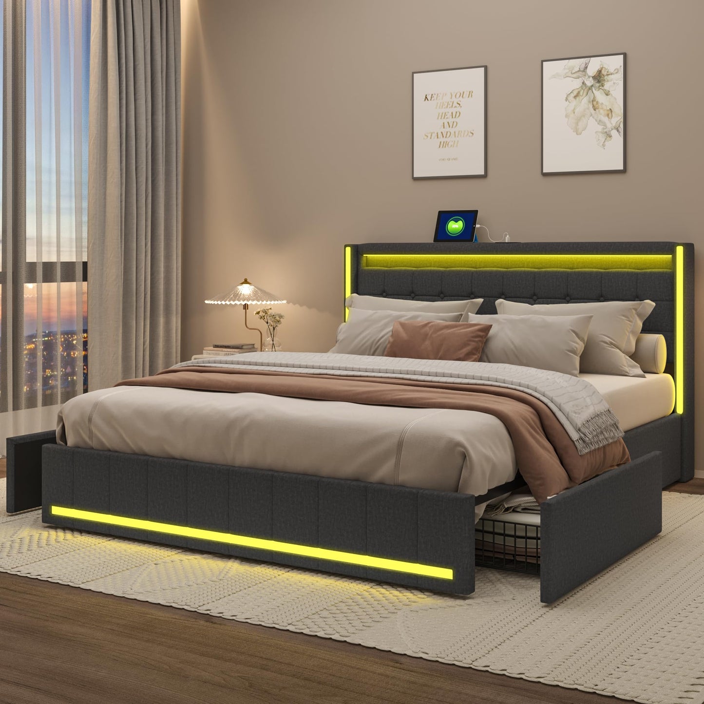 WOBOPCG Upholstered Double Bed 140 x 200, Hydraulic Storage Bed with Slatted Bases, Double Bed with Storage Space, Functional Bed with Storage Space (Grey + Flannel, 140 x 200)
