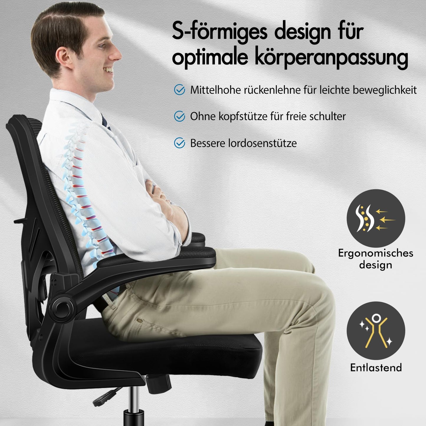 ALFORDSON Bürostuhl, Lendenstütze, Atmungsaktives Netz und Stoff, Hochklappbare/Verstellbare Armlehnen, Hochwertiger Schaumstoff, 180kg für Zuhause & Gaming, Wale, Schwarz