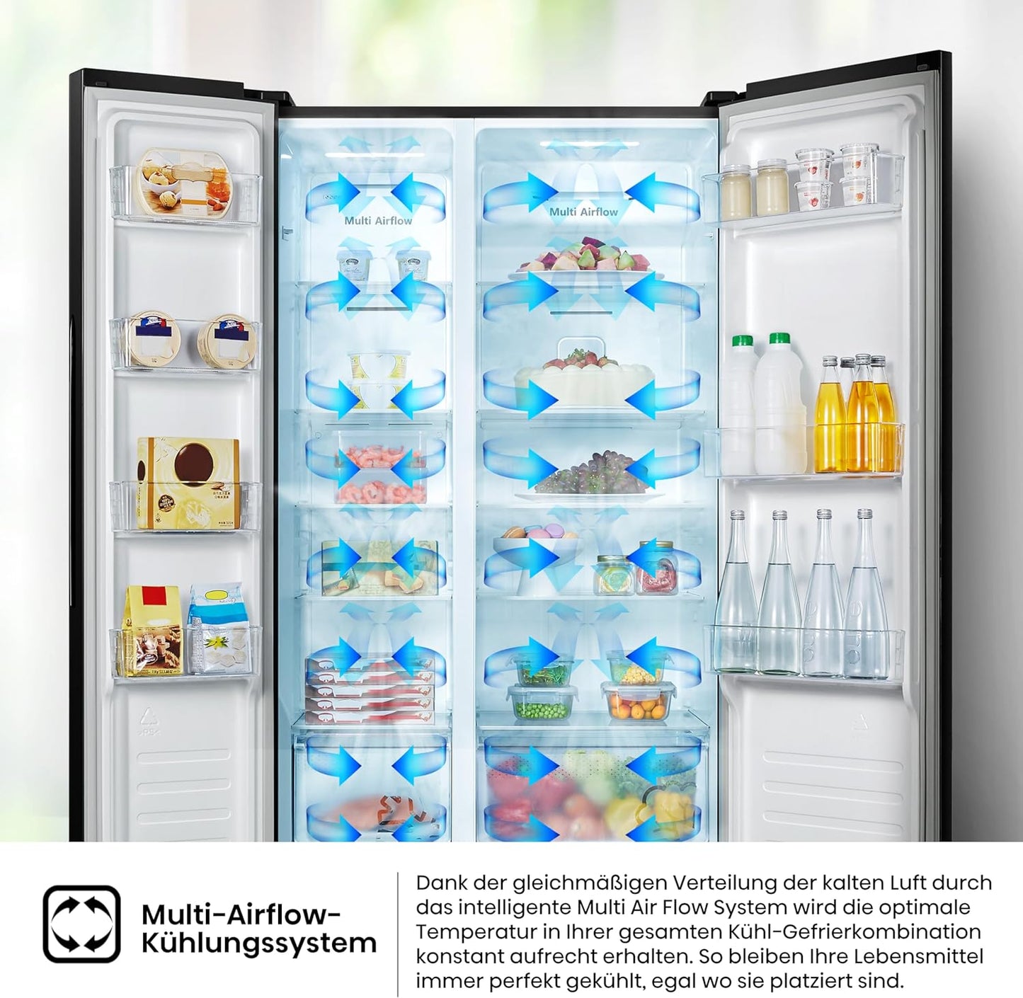 Hisense RS677N4AFC Side by Side Kühl – Gefrier - Kombination,179cm, 519 Liter Gesamtkapazität, EEK: C, LED Beleuchtung, Multi Air Flow, Inverter Kompressor, Touch Display, schwarz