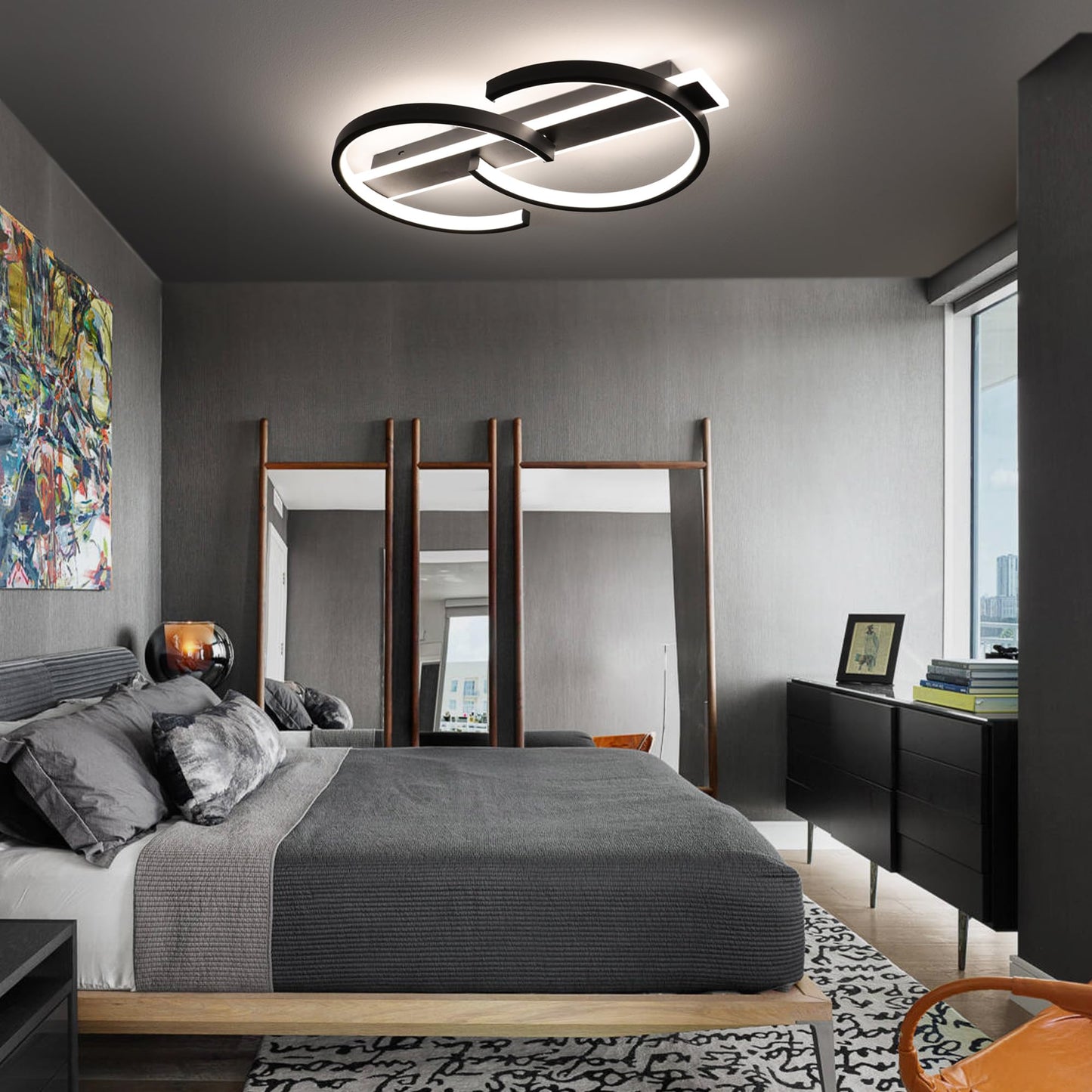 LUOLONG LED Deckenleuchte Dimmbar Deckenlampe Schwarz Wohnzimmerlampe 35W mit Fernbedienung 2-Ringen kreis Deckenleuchte Schlafzimmerlampe Arbeitzimmer Büro Modern Led deckenbeleuchtung-40cm Schwarz