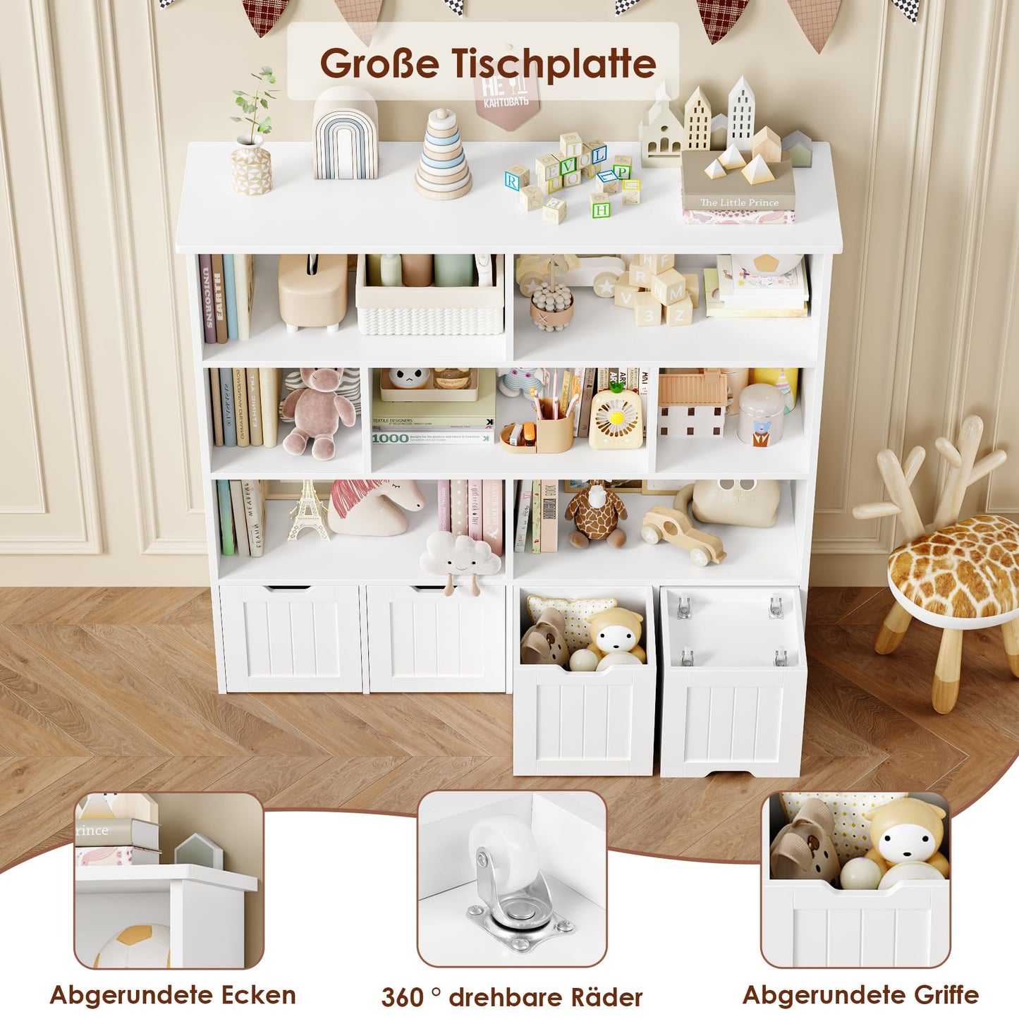 FOREHILL Children's Shelf with Boxes on Wheels, Children's Bookcase with 4 Levels, Children's Room Furniture, Toy Regulator, Storage Shelf, Bookcase for Children, Children's Cabinet, Shelf, White,