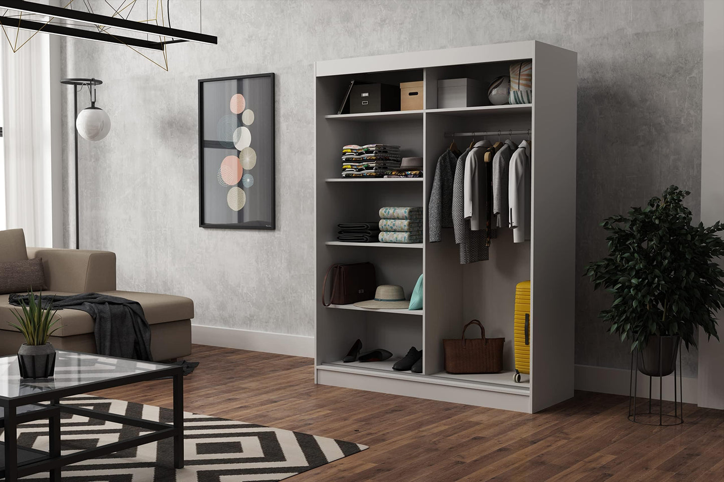 Brent - Kleiderschrank mit Spiegel Henry, 250cm Breit, Schlafzimmerschrank mit 1 Kleiderstange und Einlegeböden für Kleidung, Kleiderschrank Grau
