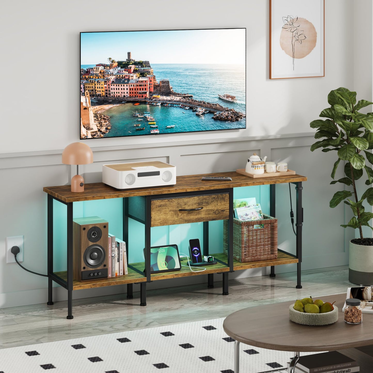 OYRREU TV Cabinet TV Stand Lowboard with Socket and USB Slots TV Cabinet with LED Lighting TV Board Table for TVs up to 55 Inches for Living Room Dining Room Bedroom Black