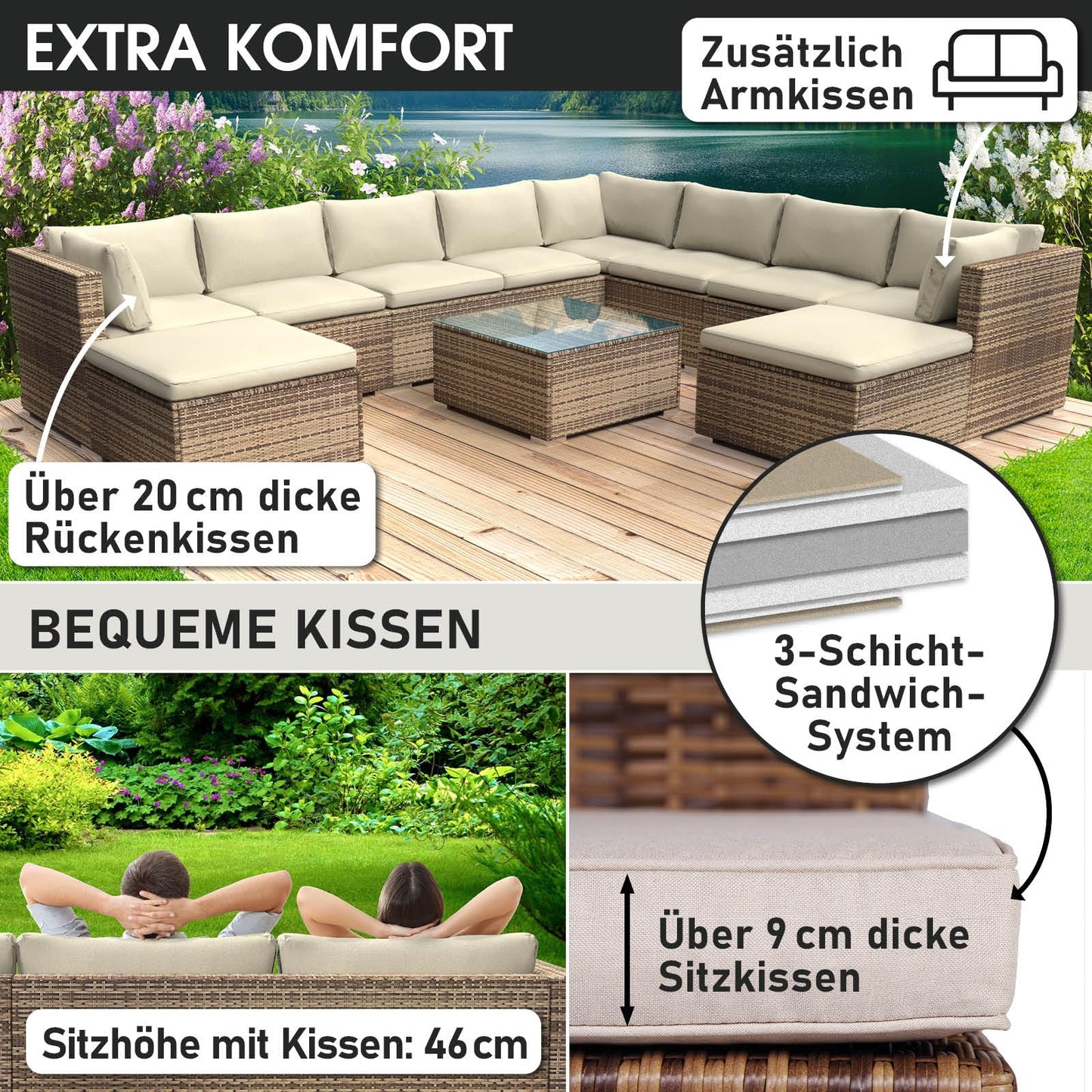 BRAST® Gartenmöbel Lounge Set XXL | 8-12 Personen viele Modelle & Farben | inkl. extra Dicke Kissen | TÜV geprüft | Outdoor Loungemöbel Sitzgruppe Essgruppe Garnitur | Dreams Grau