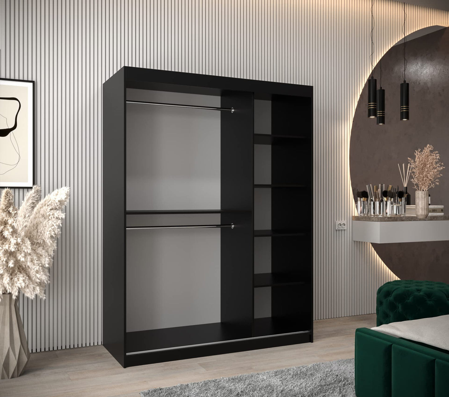 MEBLE KRYSPOL Dome 2 Schrank mit DREI Schiebetüren mit Spiegel, Stangen und Regalen - Aufbewahrungsschrank mit Rauchglas für Schlafzimmer, Wohnzimmer - 200x250x62cm - Schwarz, Schwarz, Schwarz