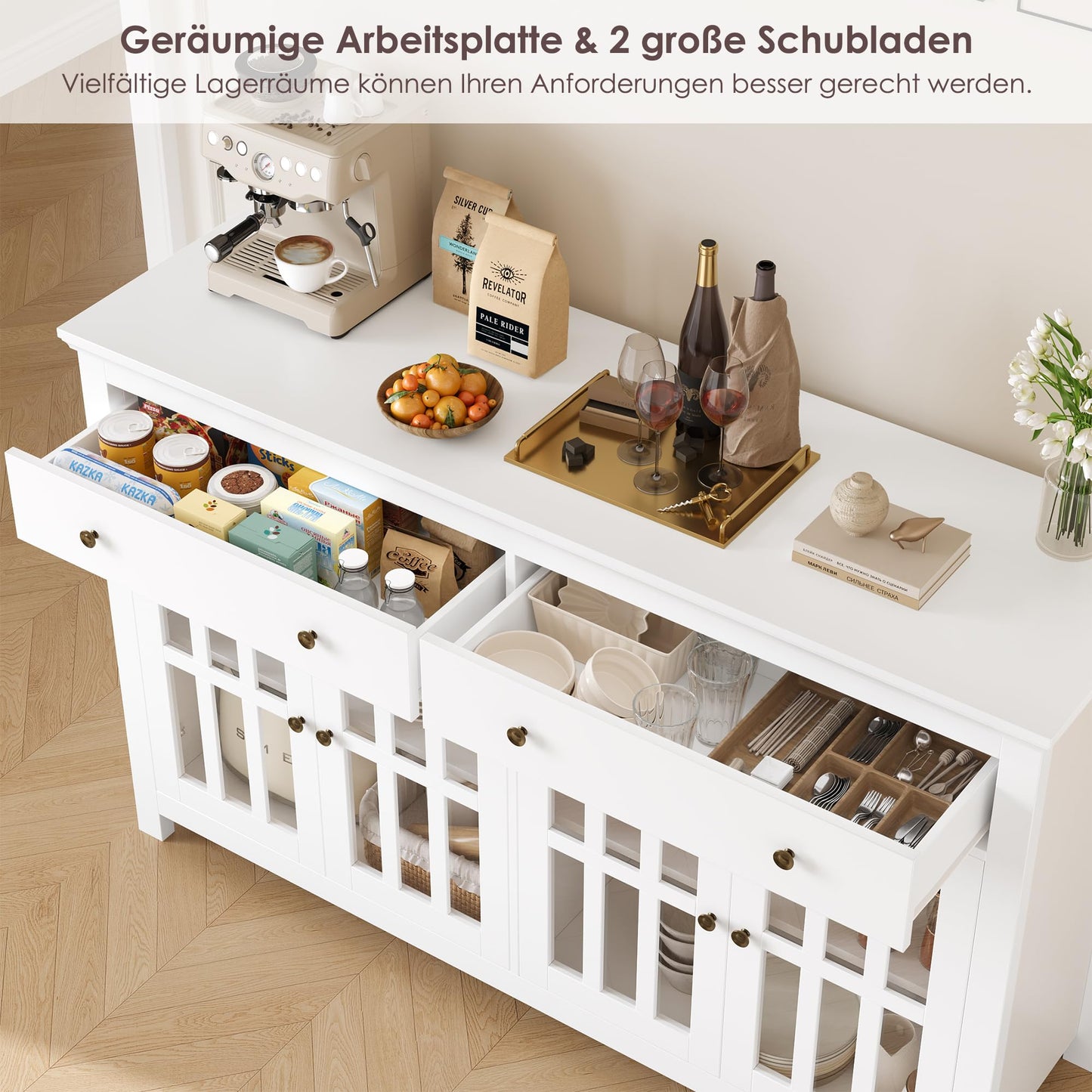 FirFurd Sideboard 140 cm Wide Kitchen Cabinet with Worktop Sideboard Living Room Kitchen Buffet Cabinet with 2 Drawers 4 Glass Doors Kitchen Buffet with Adjustable Shelves 140 x 40 x 91 cm Black