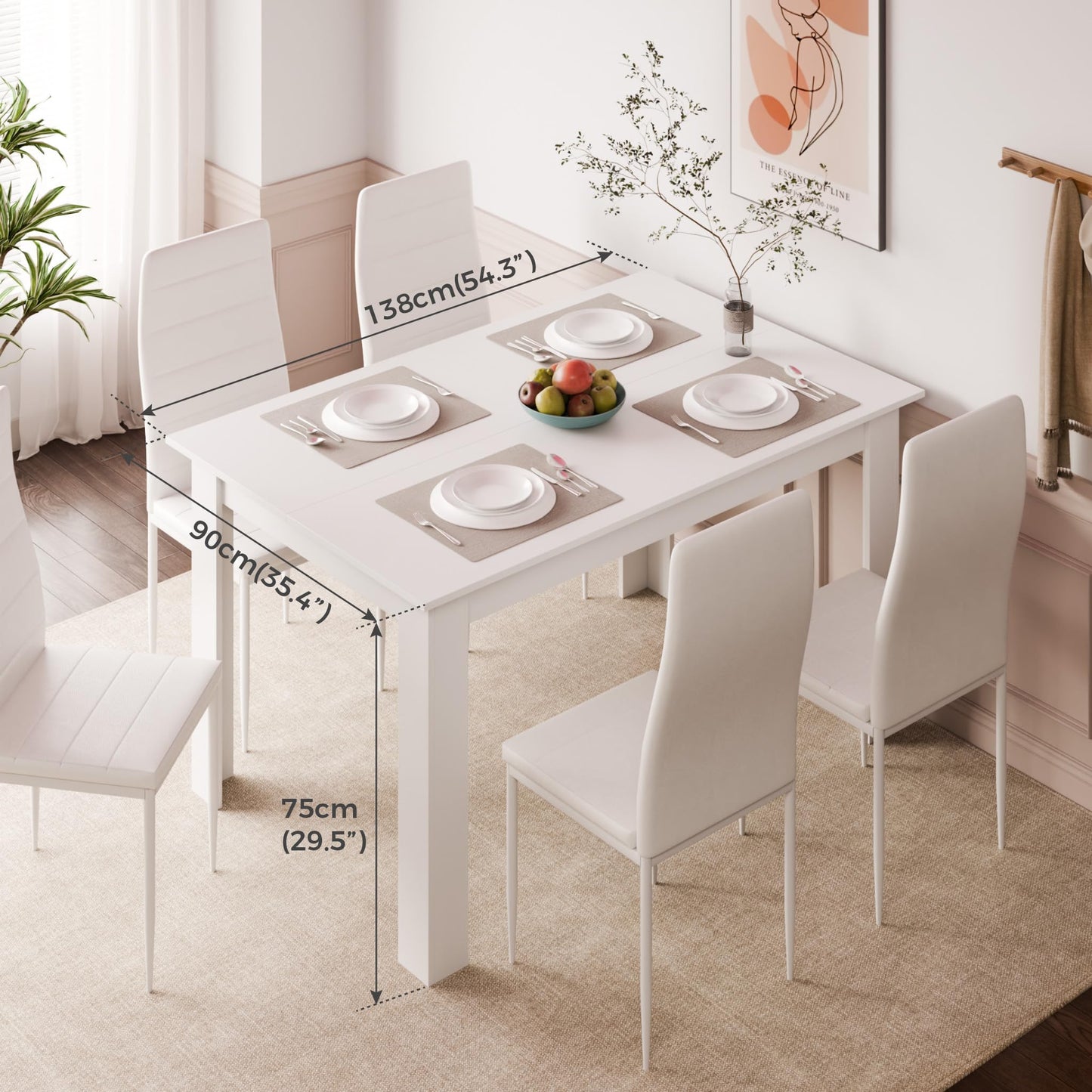 Mondeer Dining Table with 6 Chairs Set, Dining Set with High-Backed Chair, Faux Leather Chair for Kitchen, Dining Room, Living Room, W138 x D90 x H75 cm, White and Grey