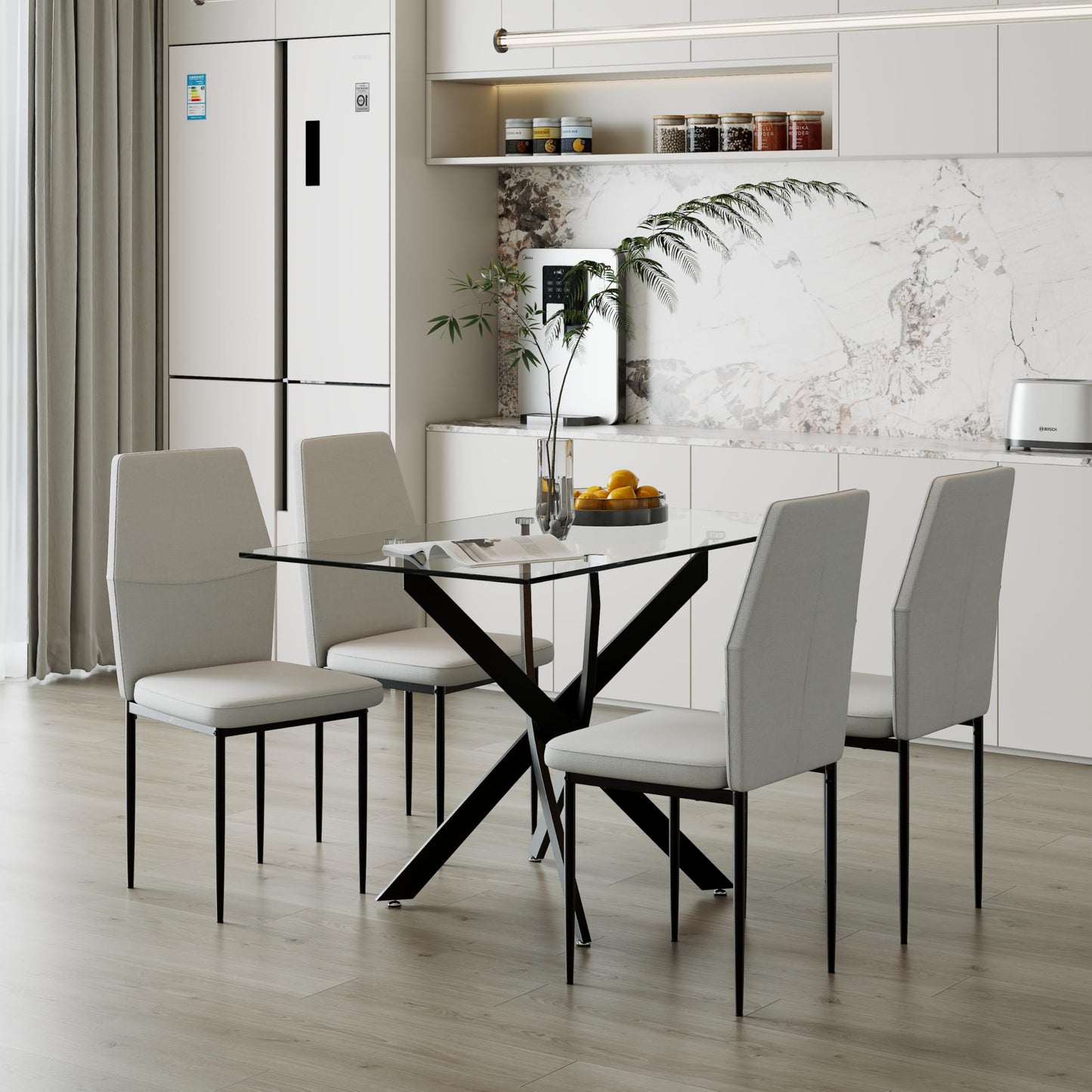 GOLDFAN Glas Esstisch Set 4 Stühle Rechteckiger Esstisch und Rückenlehne Esszimmerstuhl für Küche Wohnzimmer Büro, Grau