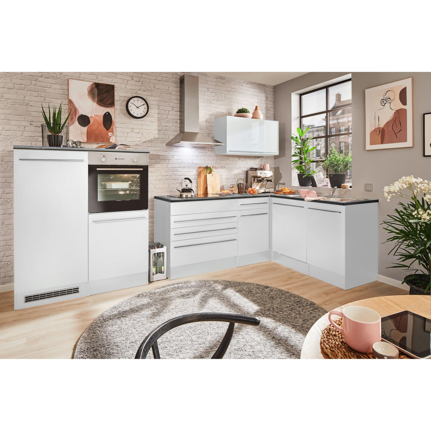 Jazz 4 Modern Corner Kitchen with Electrical Appliances in White High Gloss, Metallic Grey - Spacious Kitchen Unit in L-Shaped with Lots of Storage Space - 320 x 200 x 60 cm (W x H x D)