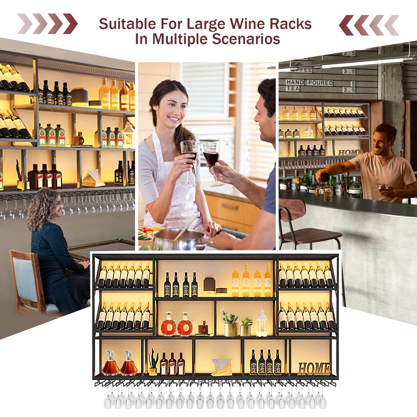 TAUODUYY 180 cm Large Industrial Wall Mounted Wine Rack, 3 Tier Wine Display with Glass Holder, Modern Black Metal Wine Rack Wall, for Home Kitchen/Wine Cellar/Bar Cafe (180 cm)