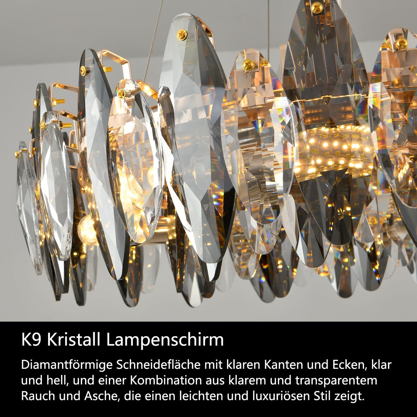 AHXIAOZN Modern LED Kristall Kronleuchter Luxus,Funkelnder Eiförmiger Kristall Deckenleuchte Gold,9xE14 Wohnzimmer Pendelleuchte,8-Flammig