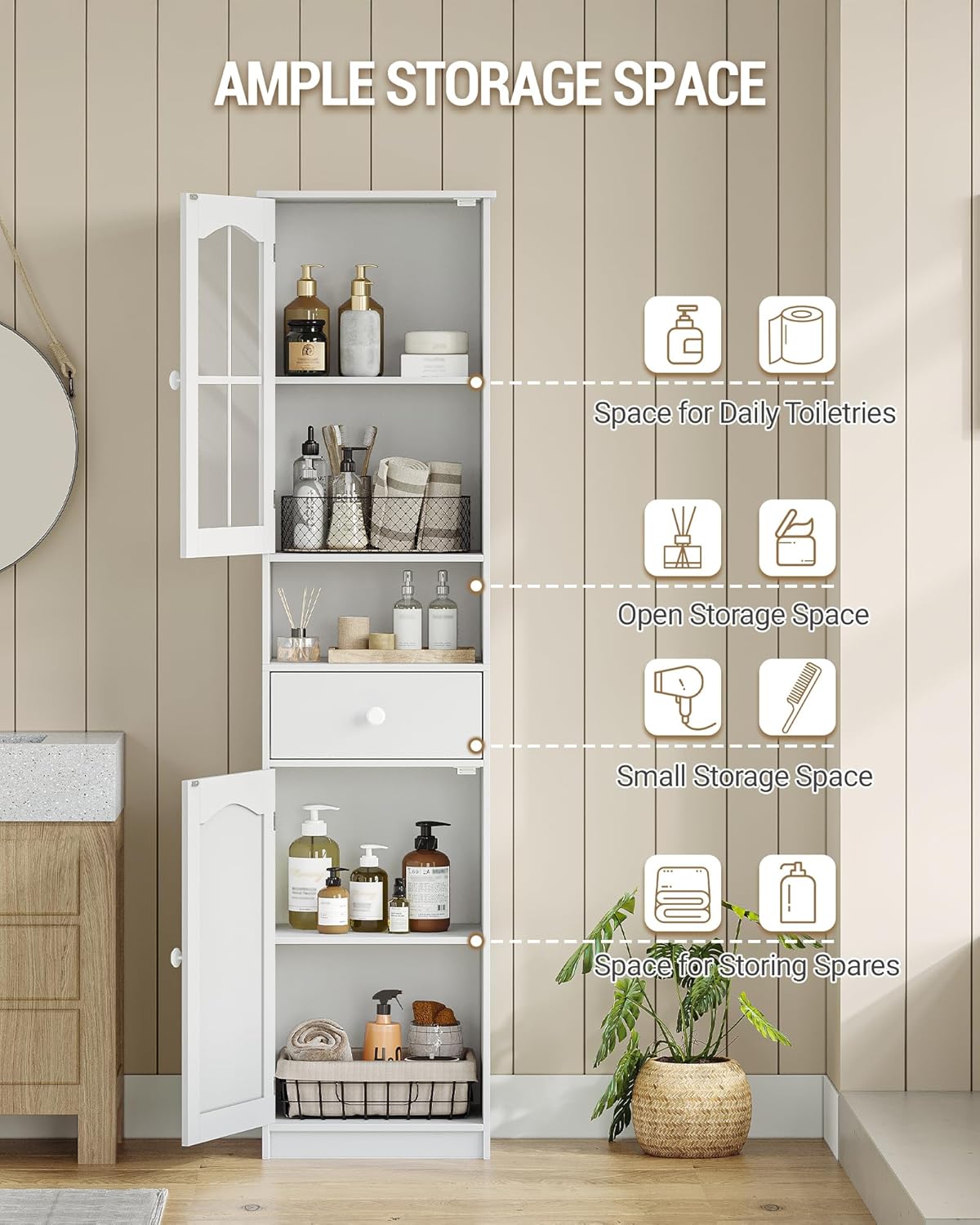 Hzuaneri SC10003X Bathroom Cabinet with Glass Door, High Storage Cabinet with 2 Doors and 1 Drawer, Adjustable Shelves, Bathroom, Living Room, 40 x 30 x 170 cm, White