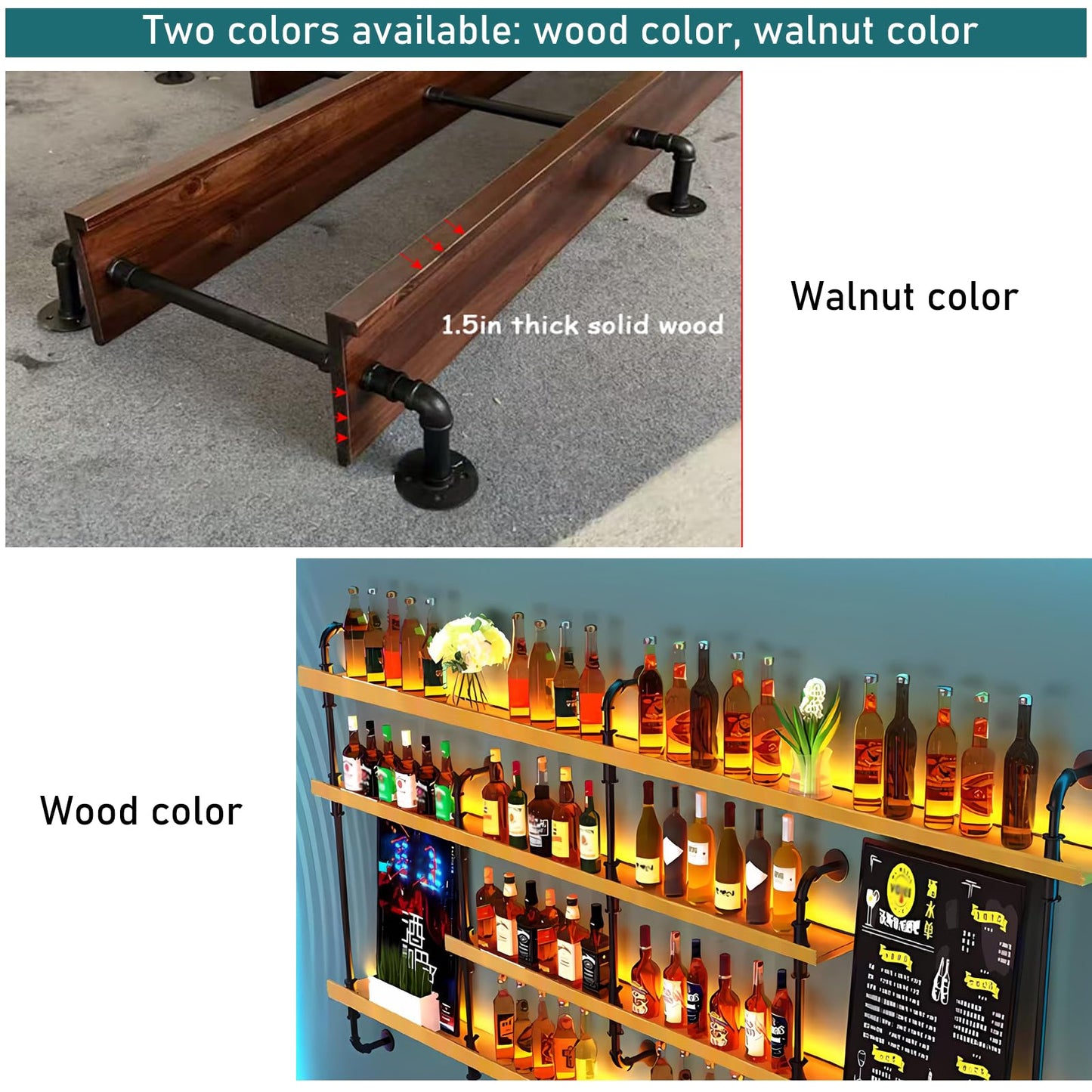 Dawselod Wandweinregal Mit LED-Beleuchtung, 4 Ebenen Massivholz Weinflaschenhalterung, Whiskeyregal mit Geländer, Modernes Weinlager Für Homebar, Küche, Gastronomie (Wood, 150 * 20 * 150cm)