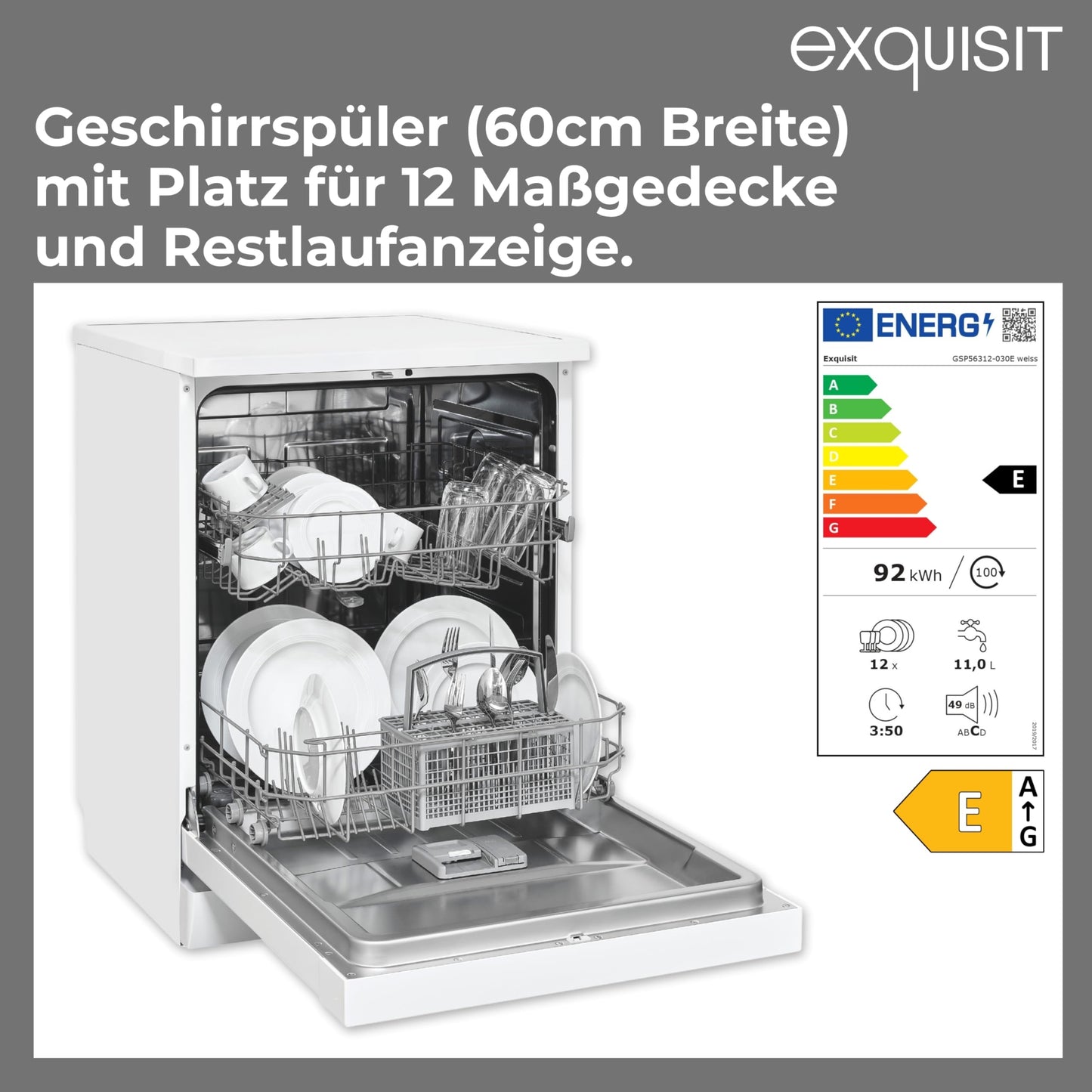 Exquisit PRO GSP56314-030C Dishwasher 60 cm, Undermountable, Energy Efficiency Class: C, 14 Place Settings, Cutlery Drawer, Automatic Door Opening, Delay Start, 11 Litres, Silver