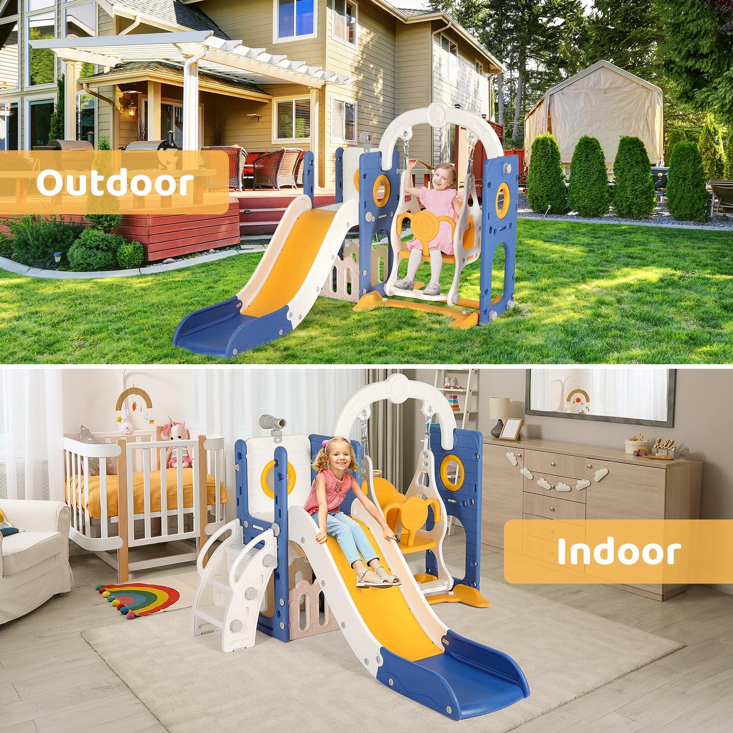 Swing Slide, 5-in-1 Children's Slide with Swing, Climbing Frame, Telescope, Storage, Indoor and Outdoor Freestanding Slide, Playground for Toddlers, for Max 60 kg from 1-6 Years, 2 Pieces Modules