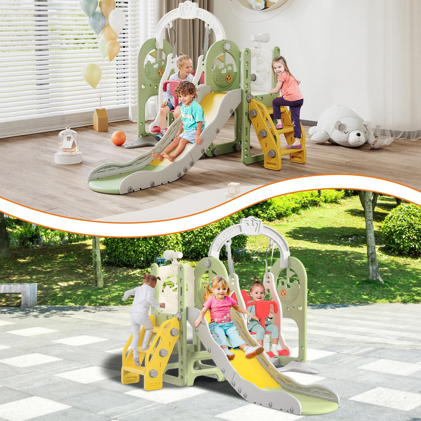 Kinderrutsche, Babyschaukel, 4 in 1, mit Schaukeln, Treppen, Gleiten, Basketballgestellen, Spielplatz für drinnen und draußen, multifunktionale Rutsche (Rosa, Kaninchen)