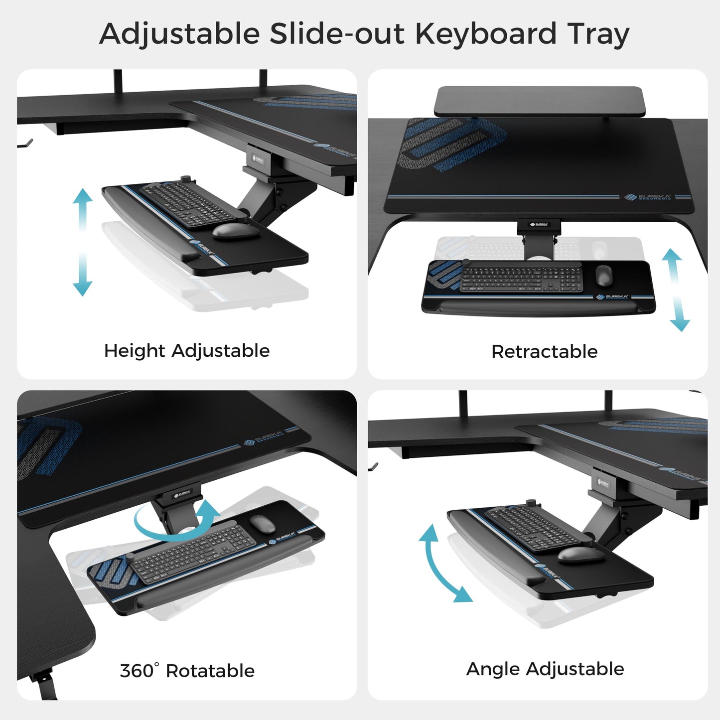 EUREKA ERGONOMIC Height Adjustable Desk 182 x 76 cm Standing Desk in Wing Shape Gaming Table Height Adjustable Electric Large Gaming Desk with LED Monitor Stand and Keyboard Shelf
