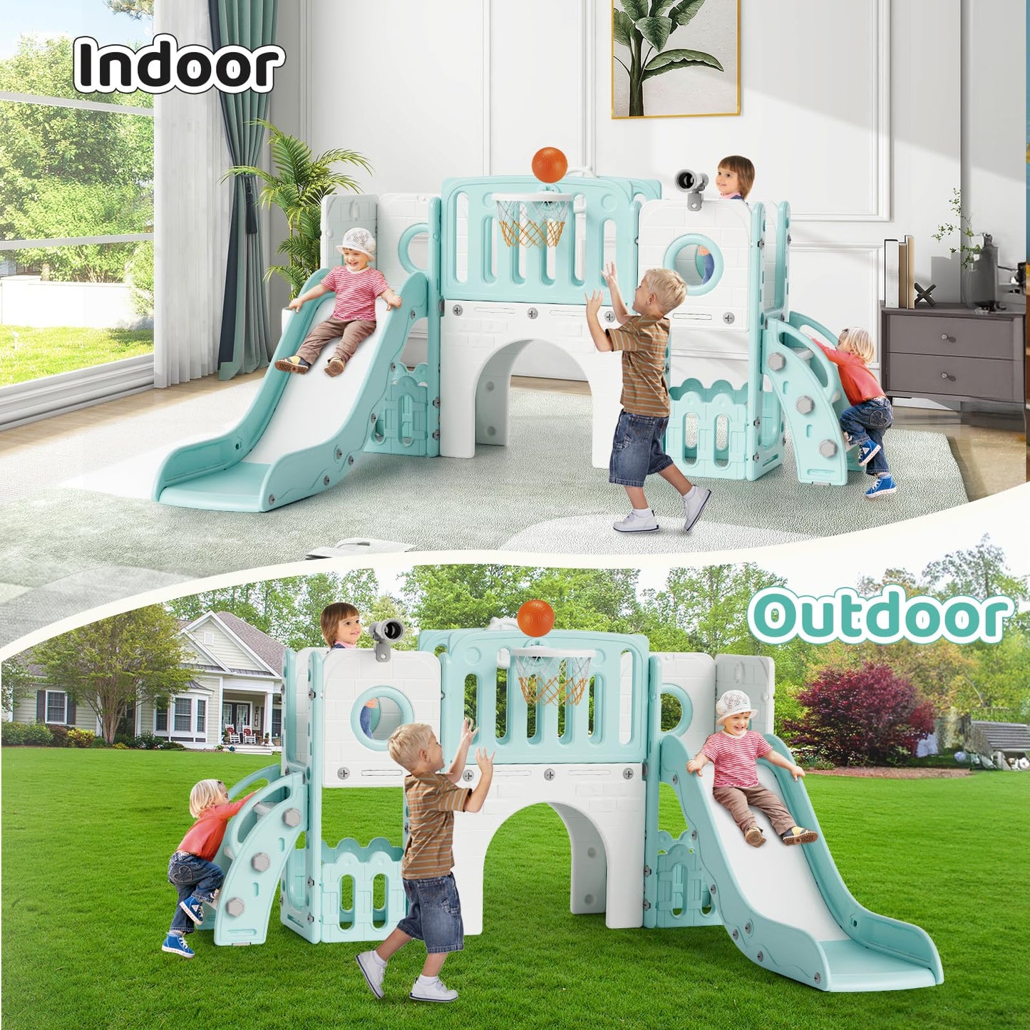 MAMIZO 9 in 1 Kinderrutsche, Kinder Rutsche mit Klettergerüst, Indoor & Outdoor Rutsche mit Basketballkorb und Teleskop, Tunnel, Stauraum, Gartenrutsche,Kinder Spielplatz, mit 2PCS Moduls, Gelb Blau
