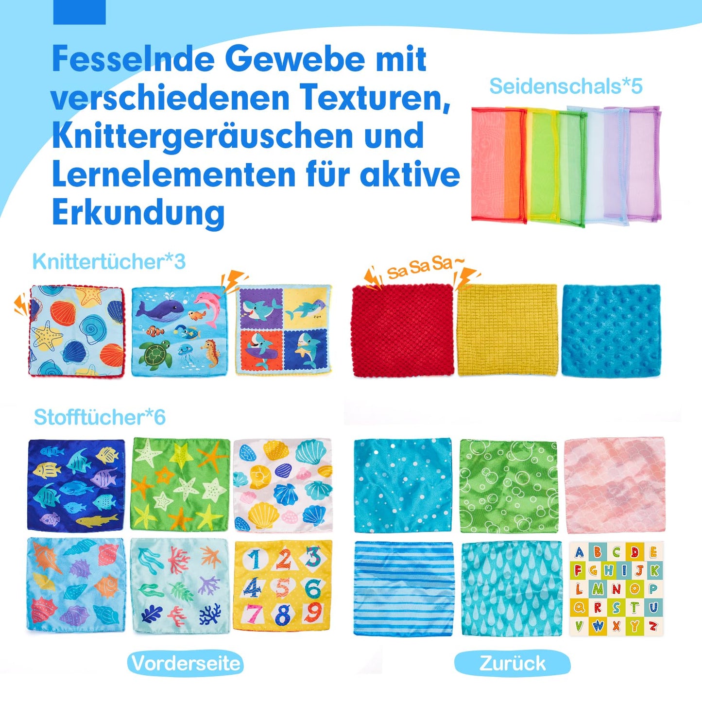 hahaland Baby Spielzeug 6 12 Monate Tissue Box, Montessori Toy Sensorik motorik Spielzeug, Stofftücher Kontrastreiche Farben Lernen Sensorische Spielzeug für Jungen Mädchen Geschenke