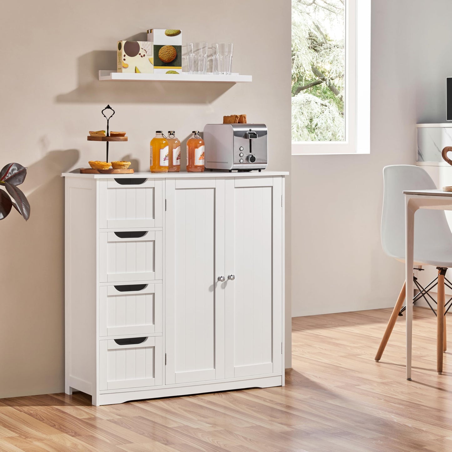 Yaheetech Bathroom Cabinet Floor Cabinet with 4 Drawers and 2 Doors Bathroom Cabinet Floor Cabinet with Height-Adjustable Shelf for Bathroom Living Room Hallway Kitchen White