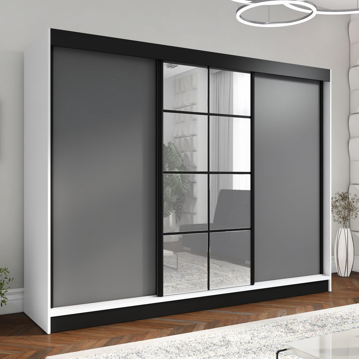 A&J MöbelLand Oravelle Sliding Door Wardrobe 3 Doors with Drawers and Mirror 200 cm (Black)