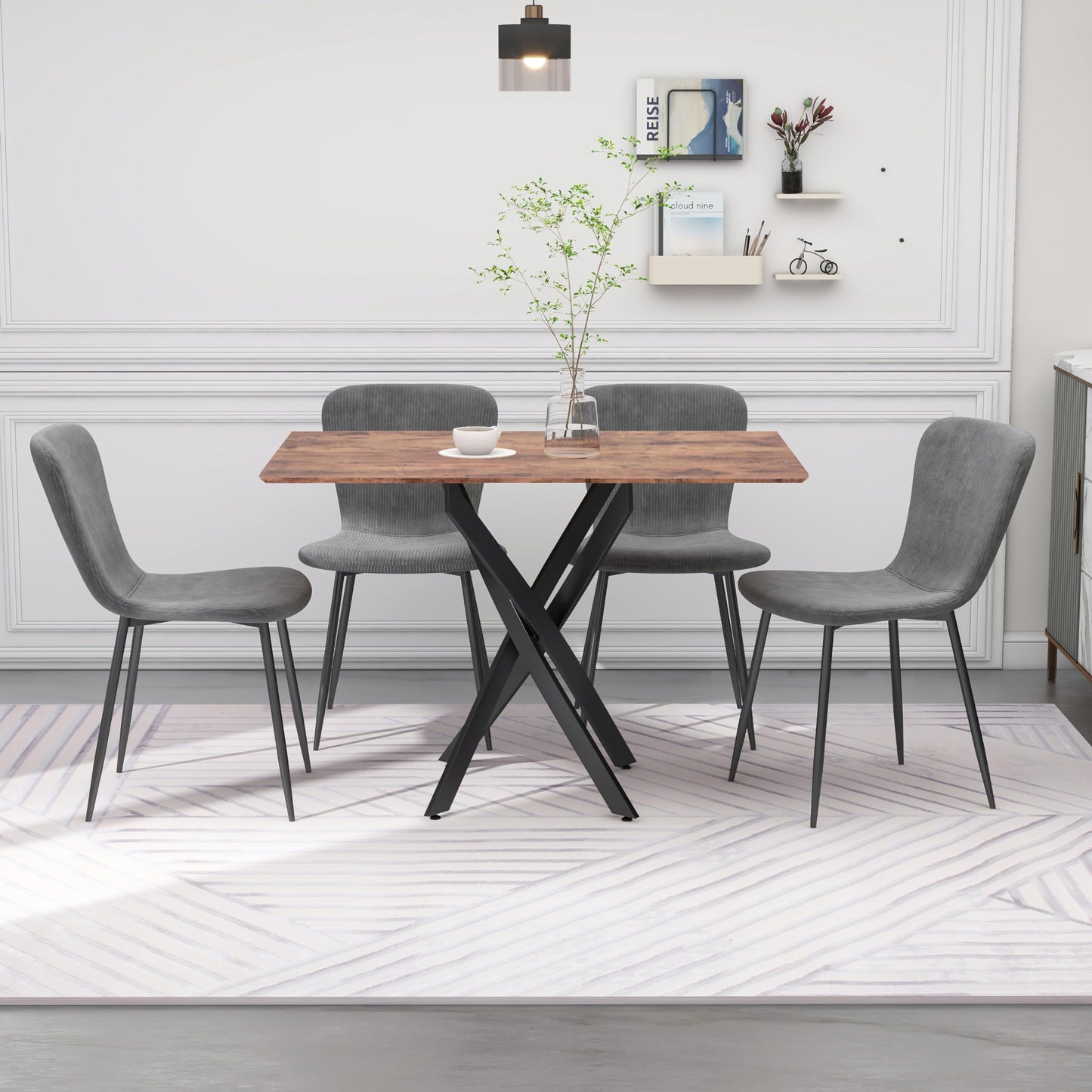GOLDFAN Glas Esstisch Set 4 Stühle Rechteckiger Esstisch und Rückenlehne Esszimmerstuhl für Küche Wohnzimmer Büro, Grau